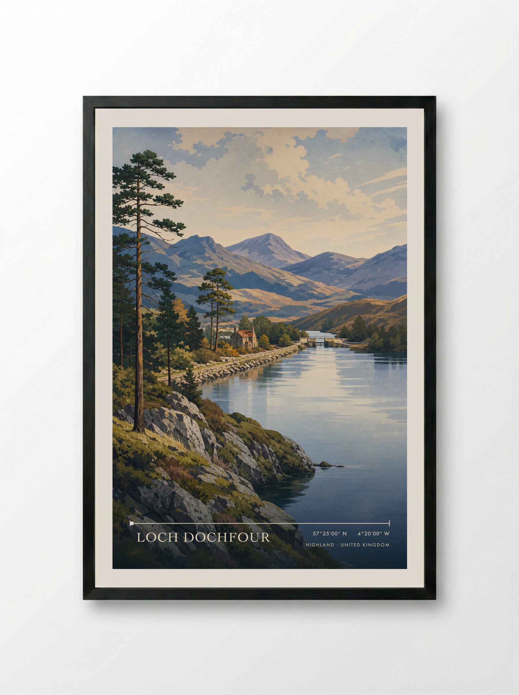 Loch Dochfour Highland United Kingdom Travel Poster - Framed Print Black