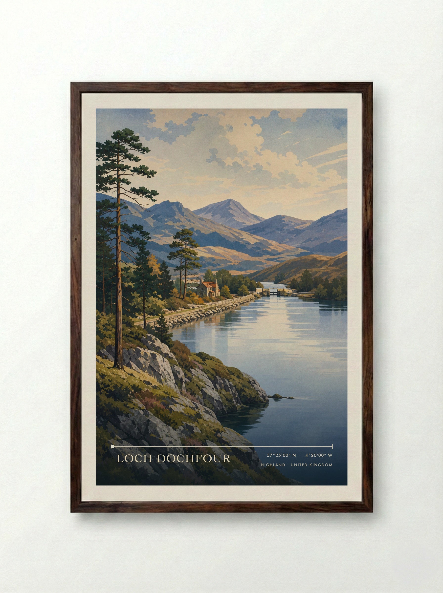 Loch Dochfour Highland United Kingdom Travel Poster - Framed Print Dark Wood