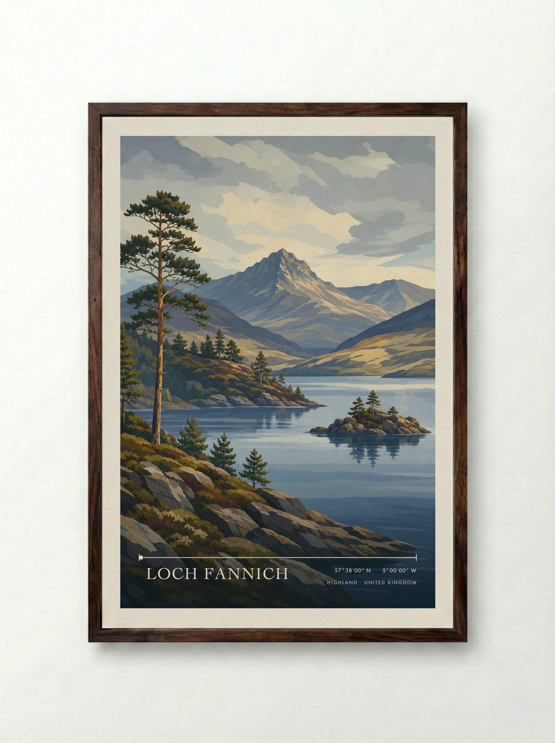 Loch Fannich Highland United Kingdom Travel Poster - Framed Print Dark Wood