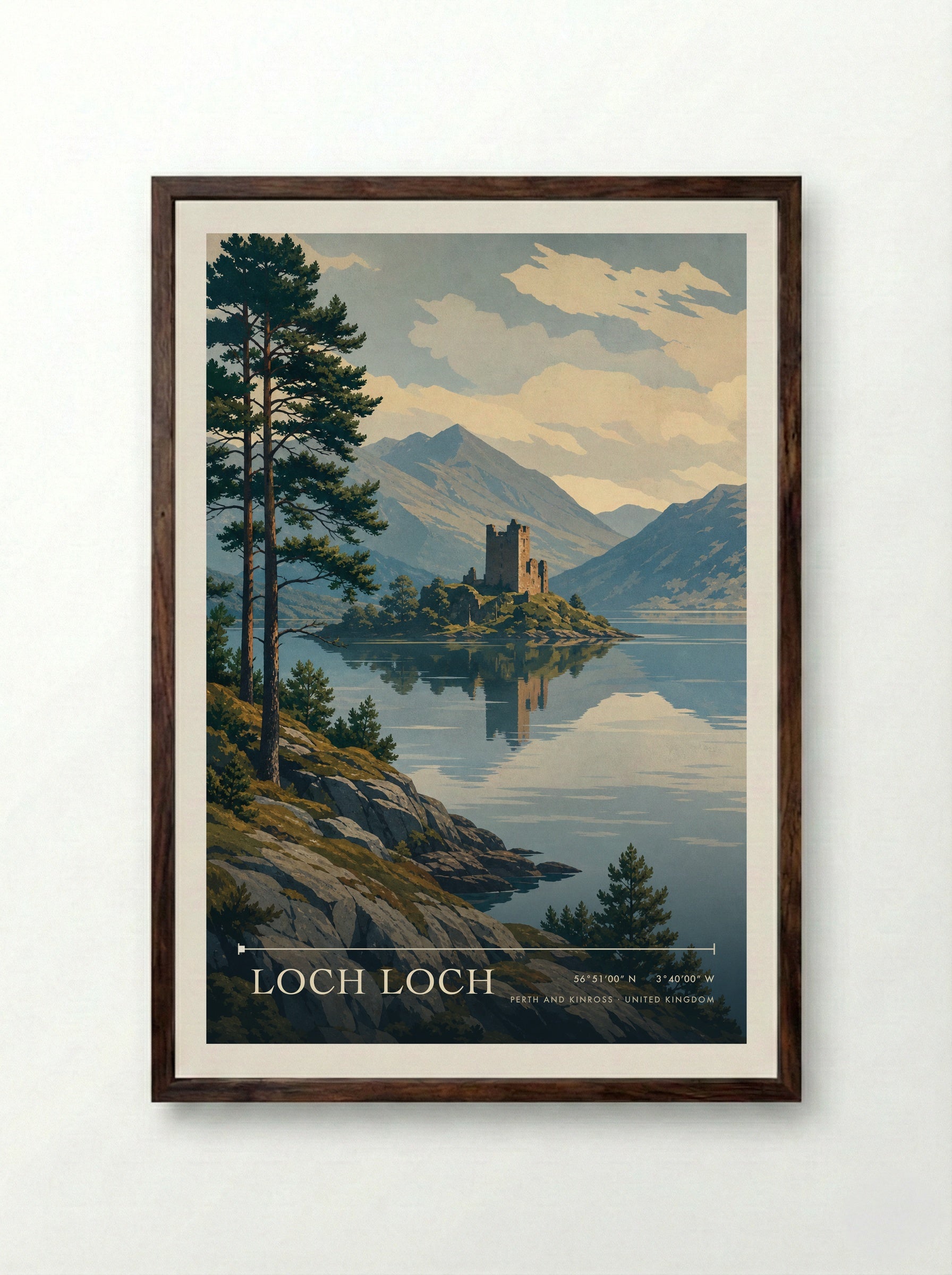 Loch Loch Perth and Kinross United Kingdom Travel Poster - Framed Print Dark Wood