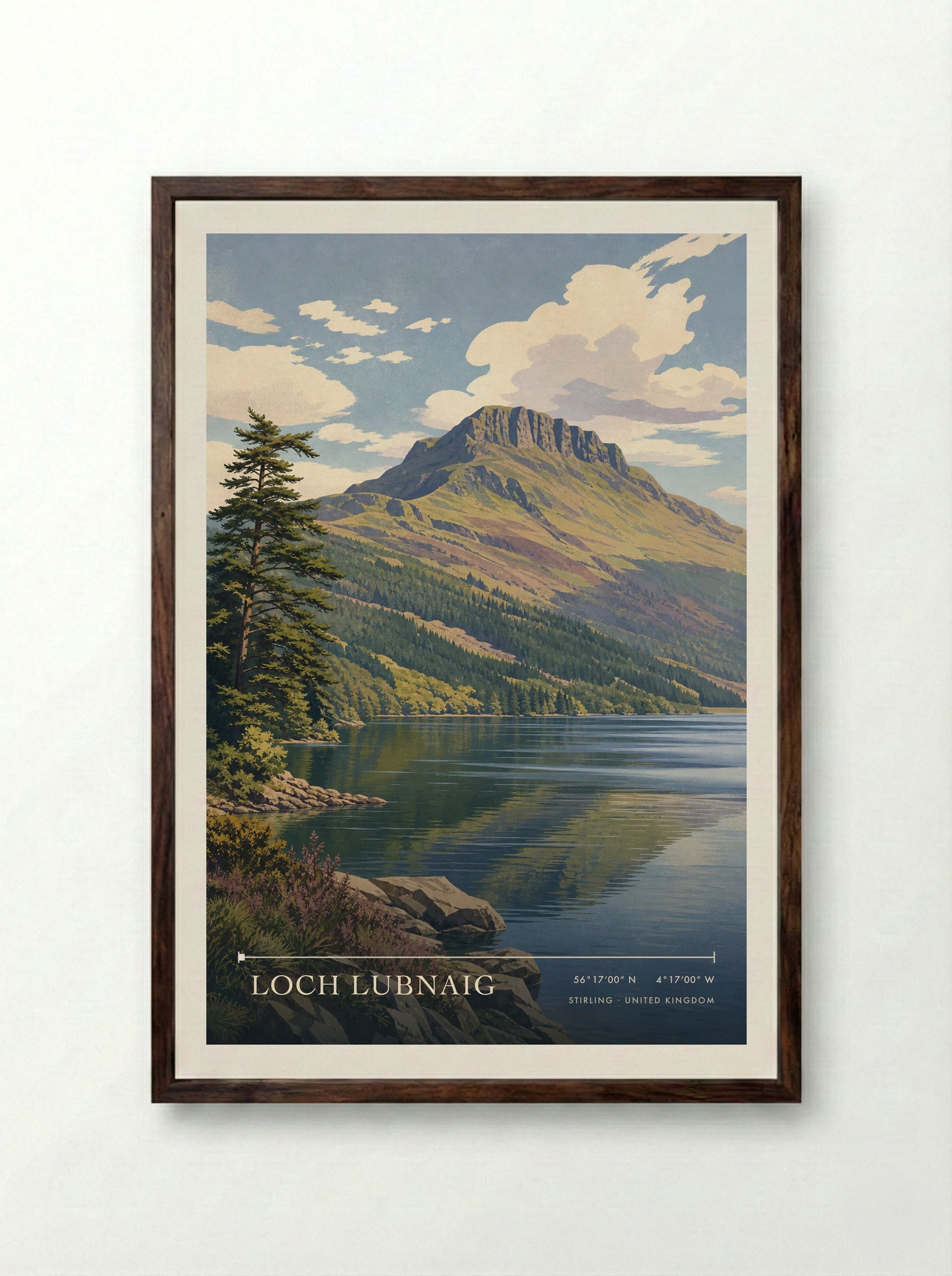 Loch Lubnaig Stirling United Kingdom Travel Poster - Framed Print Dark Wood