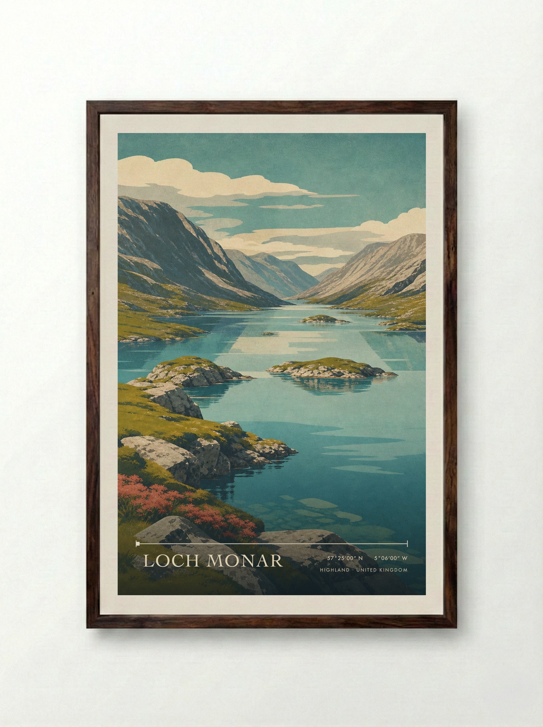 Loch Monar Highland United Kingdom Travel Poster - Framed Print Dark Wood