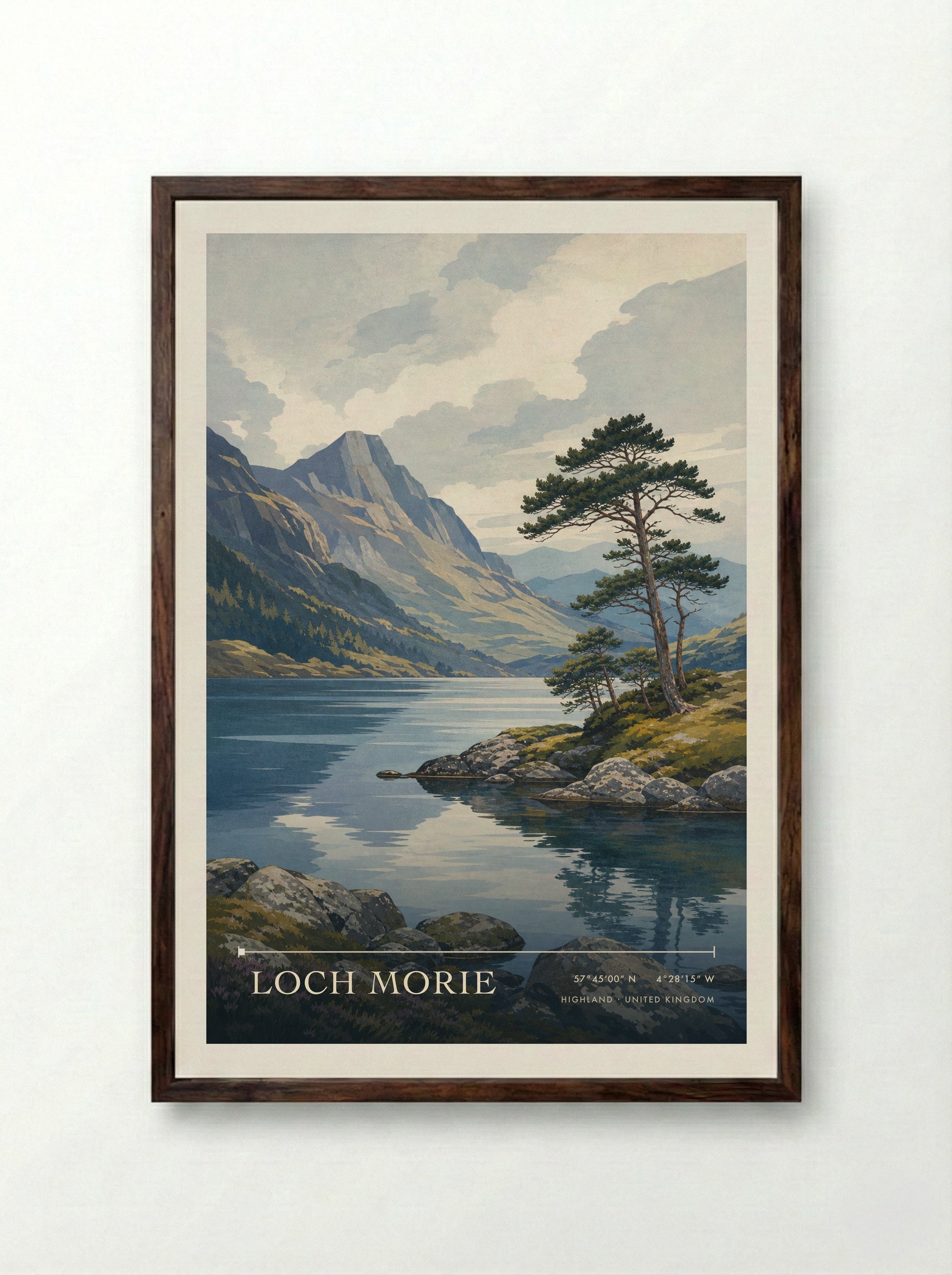 Loch Morie Highland United Kingdom Travel Poster - Framed Print Dark Wood
