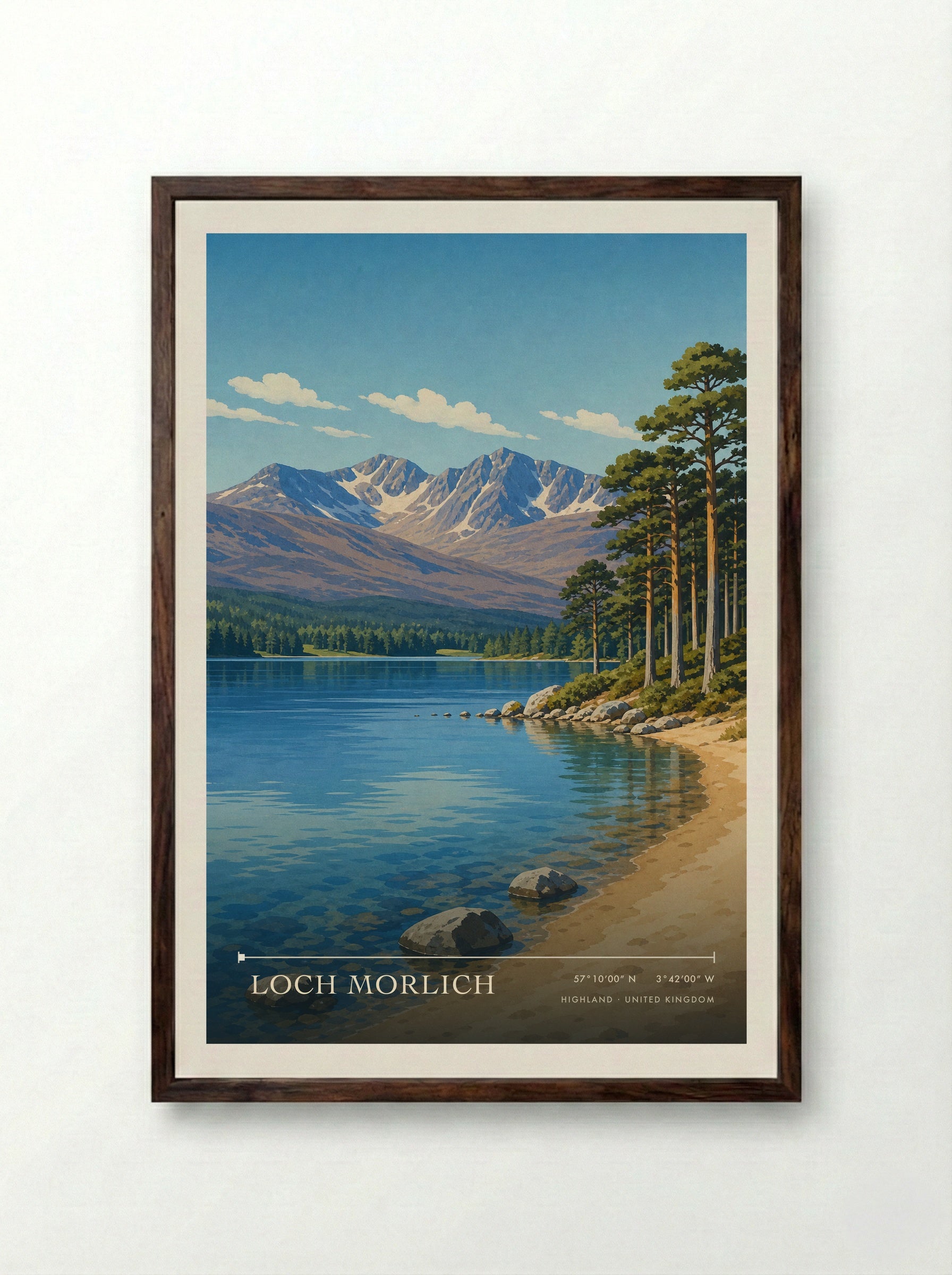 Loch Morlich Highland United Kingdom Travel Poster - Framed Print Dark Wood