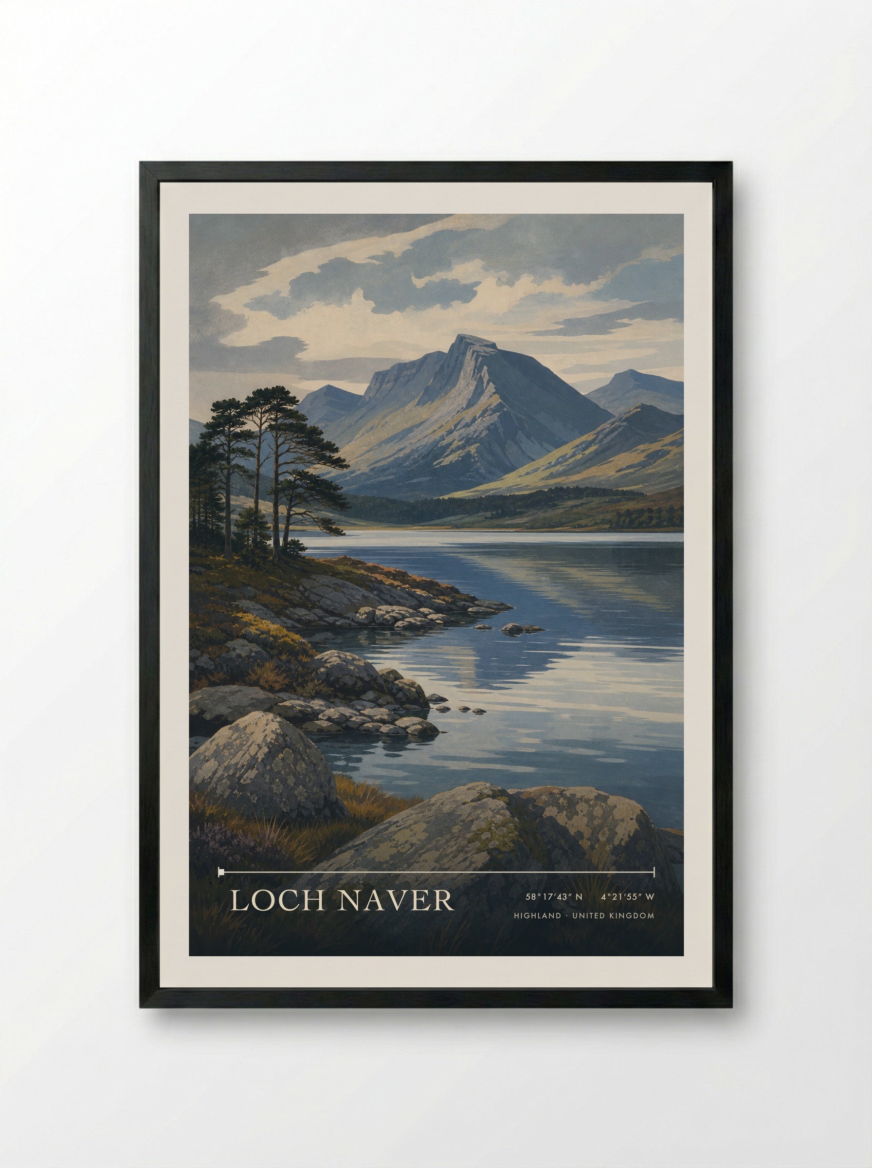 Loch Naver Highland United Kingdom Travel Poster - Framed Print Black