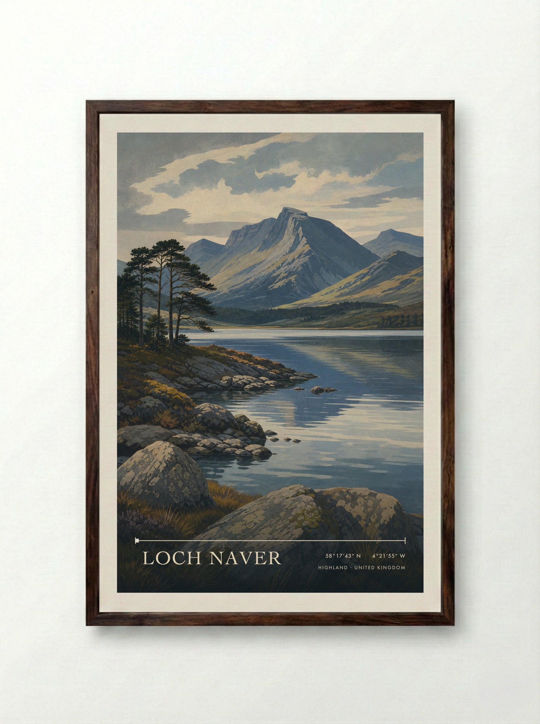 Loch Naver Highland United Kingdom Travel Poster - Framed Print Dark Wood