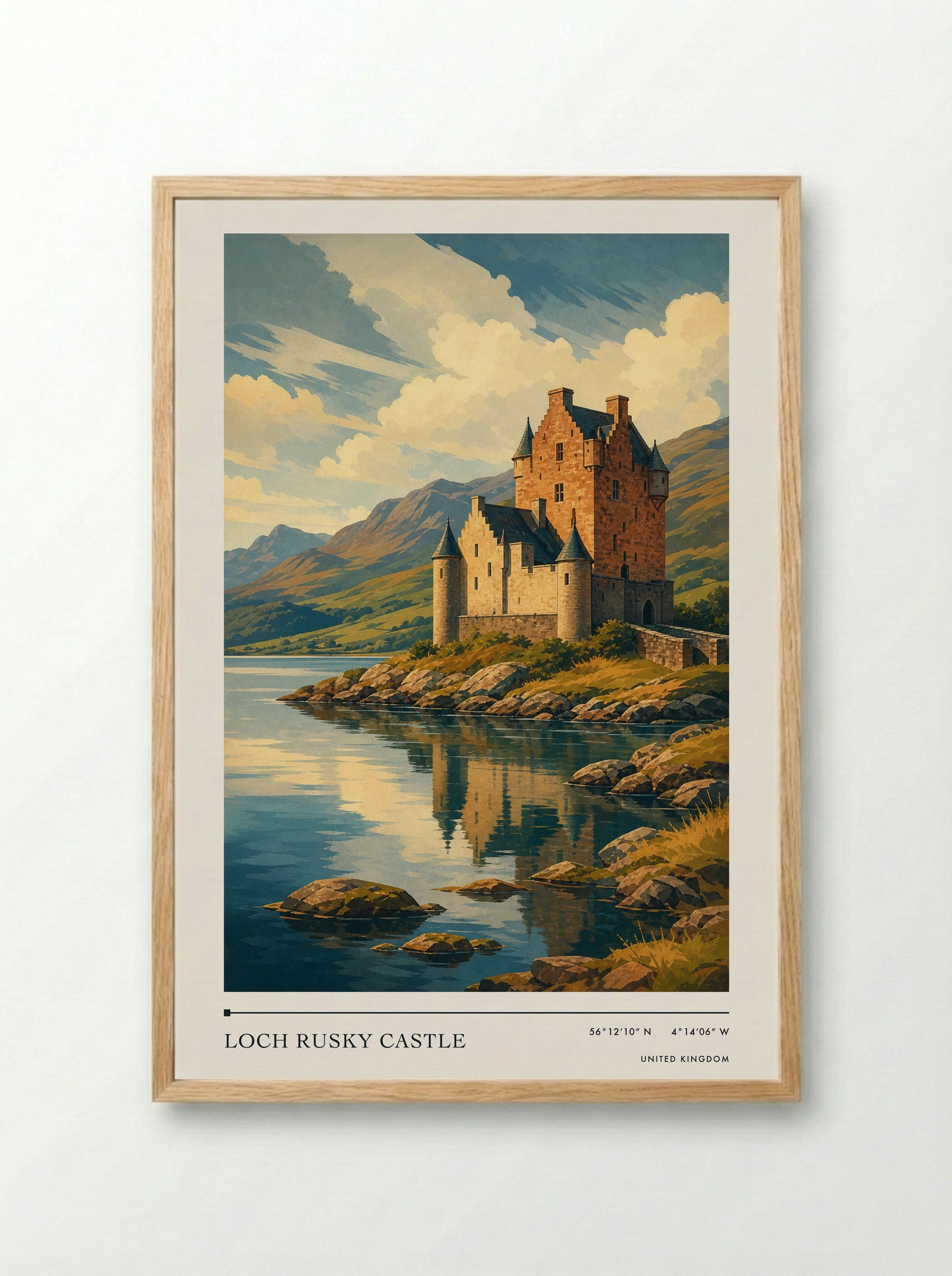 Loch Rusky Castle United Kingdom Travel Poster - Framed Print Wood