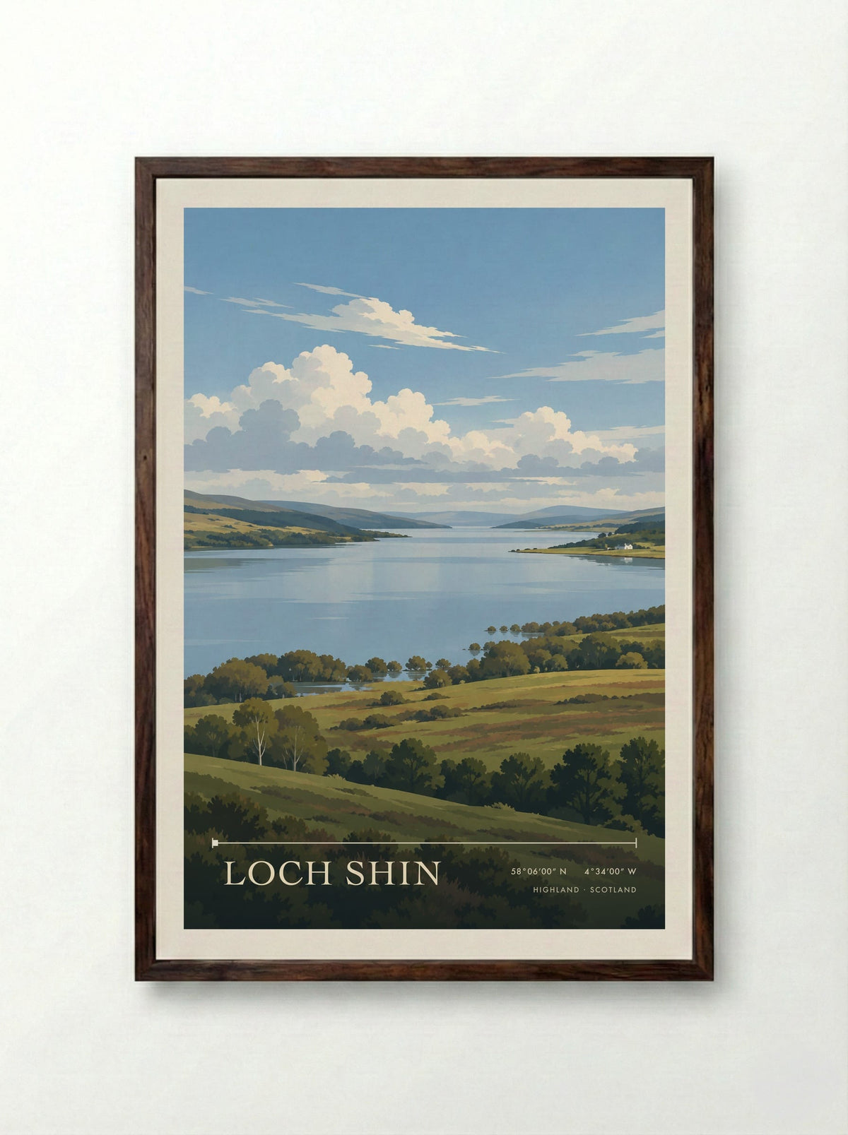 Loch Shin, Highland | Travel Poster - Framed Print Dark Wood