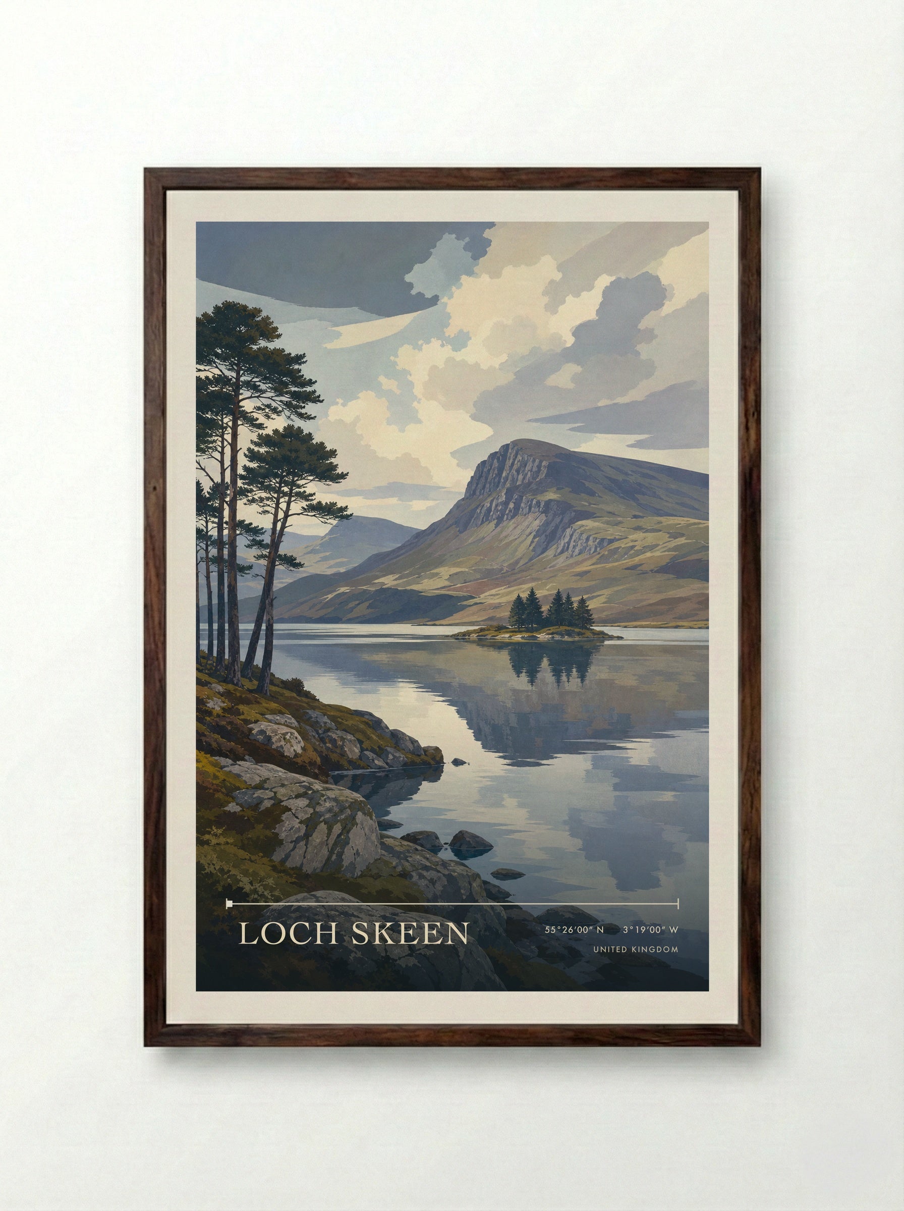 Loch Skeen United Kingdom Travel Poster - Framed Print Dark Wood