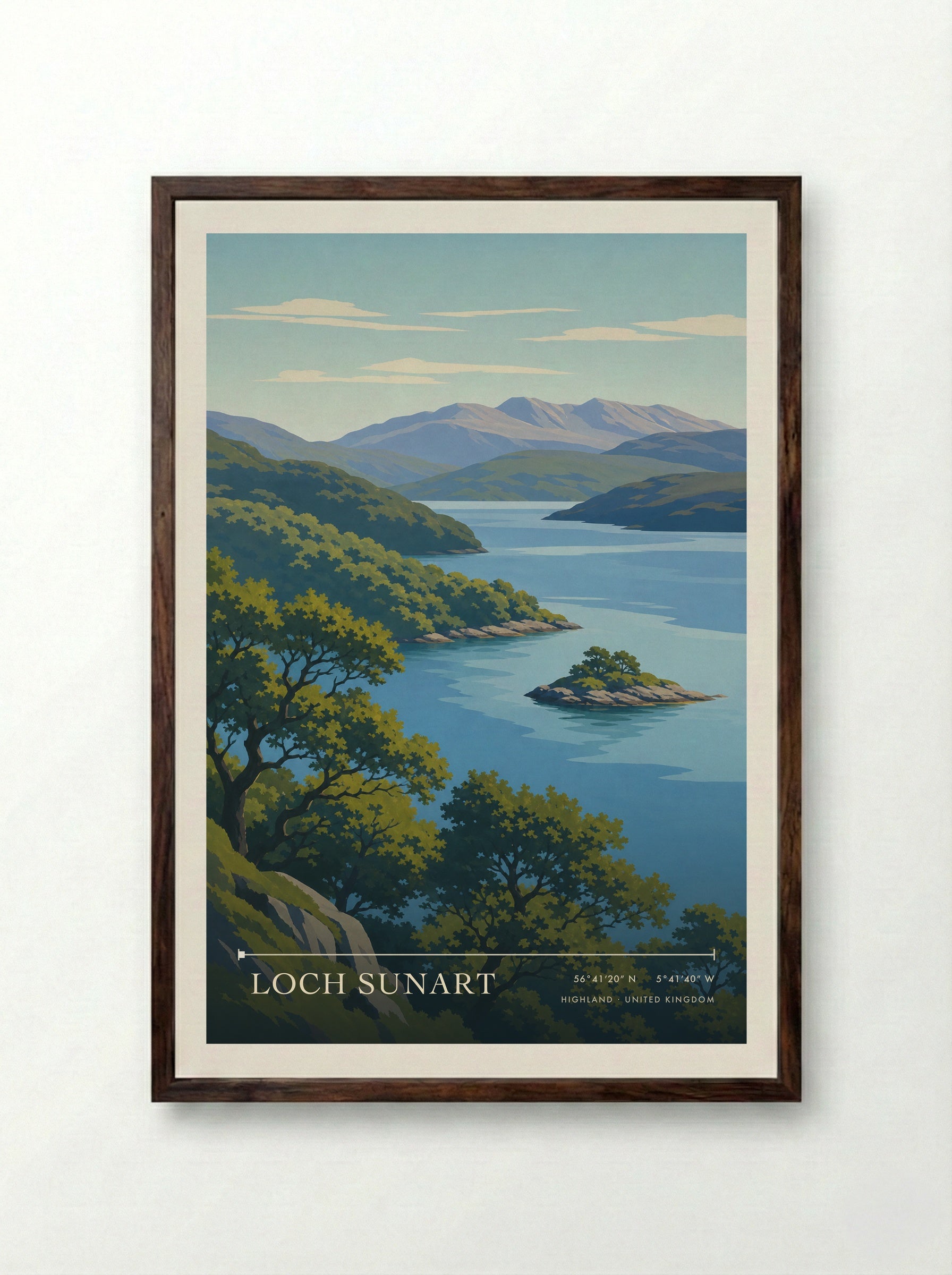 Loch Sunart Highland United Kingdom Travel Poster - Framed Print Dark Wood