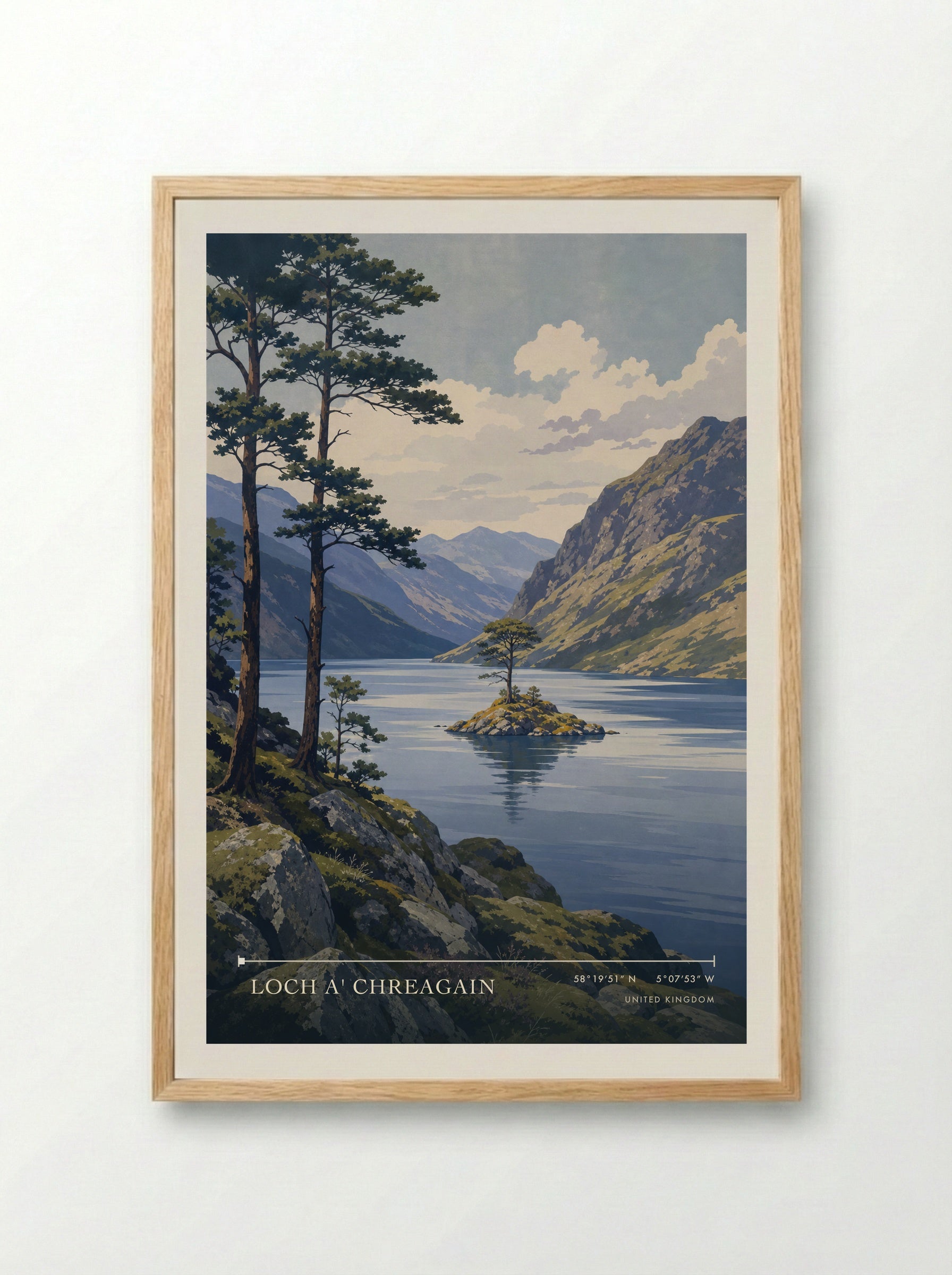Loch a' Chreagain United Kingdom Travel Poster - Framed Print Wood