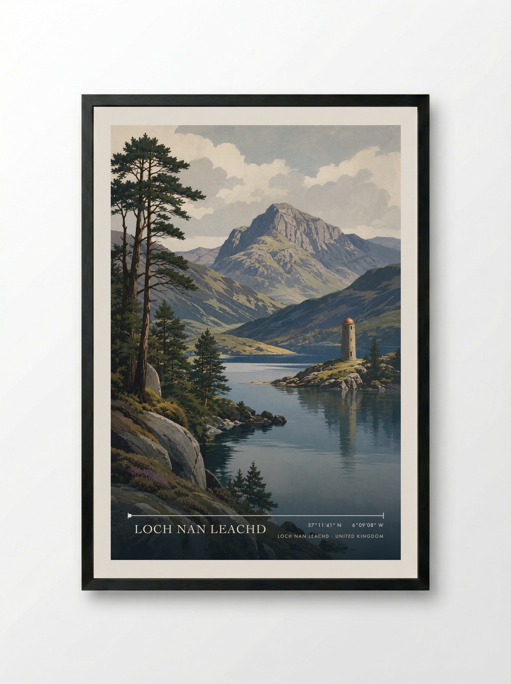 Loch nan Leachd United Kingdom Travel Poster - Framed Print Black