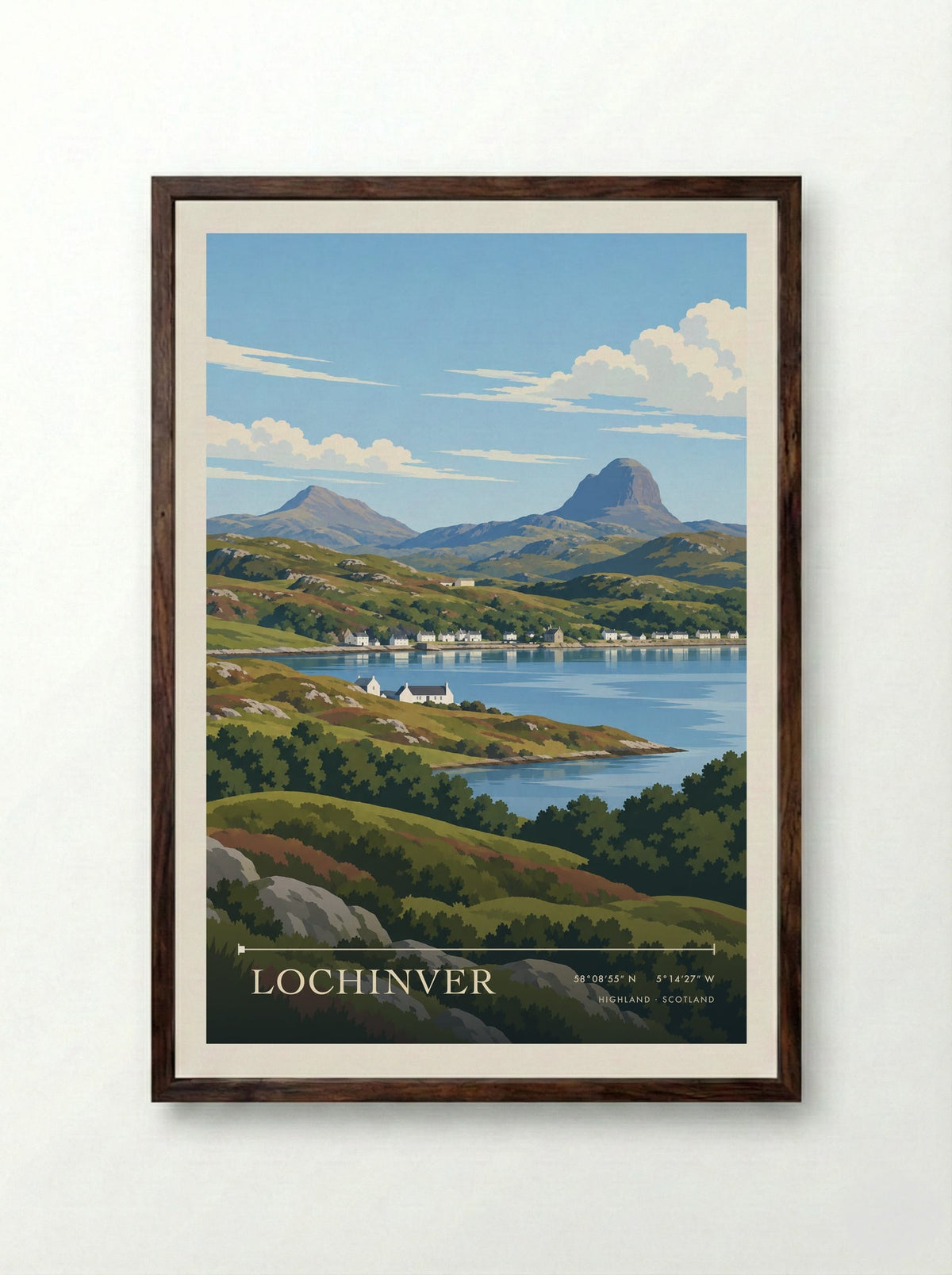 Lochinver, Highland | Travel Poster - Framed Print Dark Wood