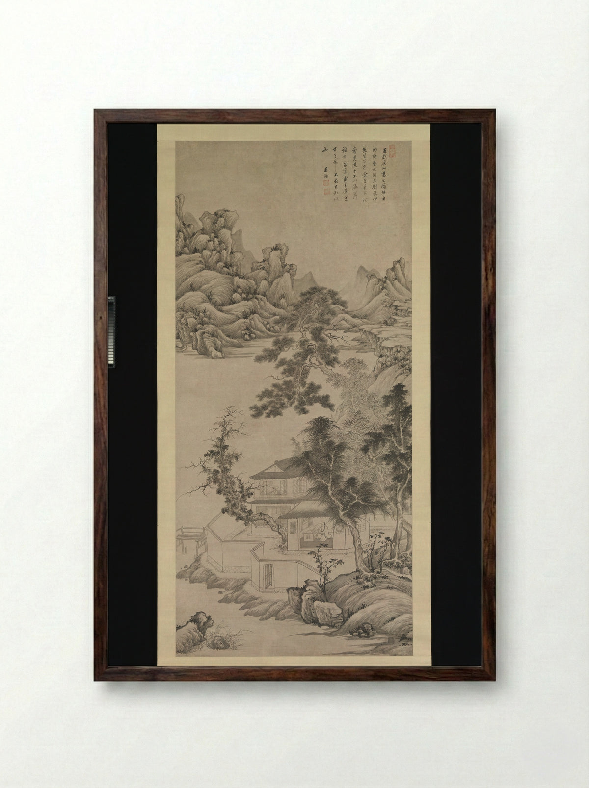 Lofty Scholar among Streams and Mountains, in the manner of Juran - Wang Jian - Framed Print Dark Wood