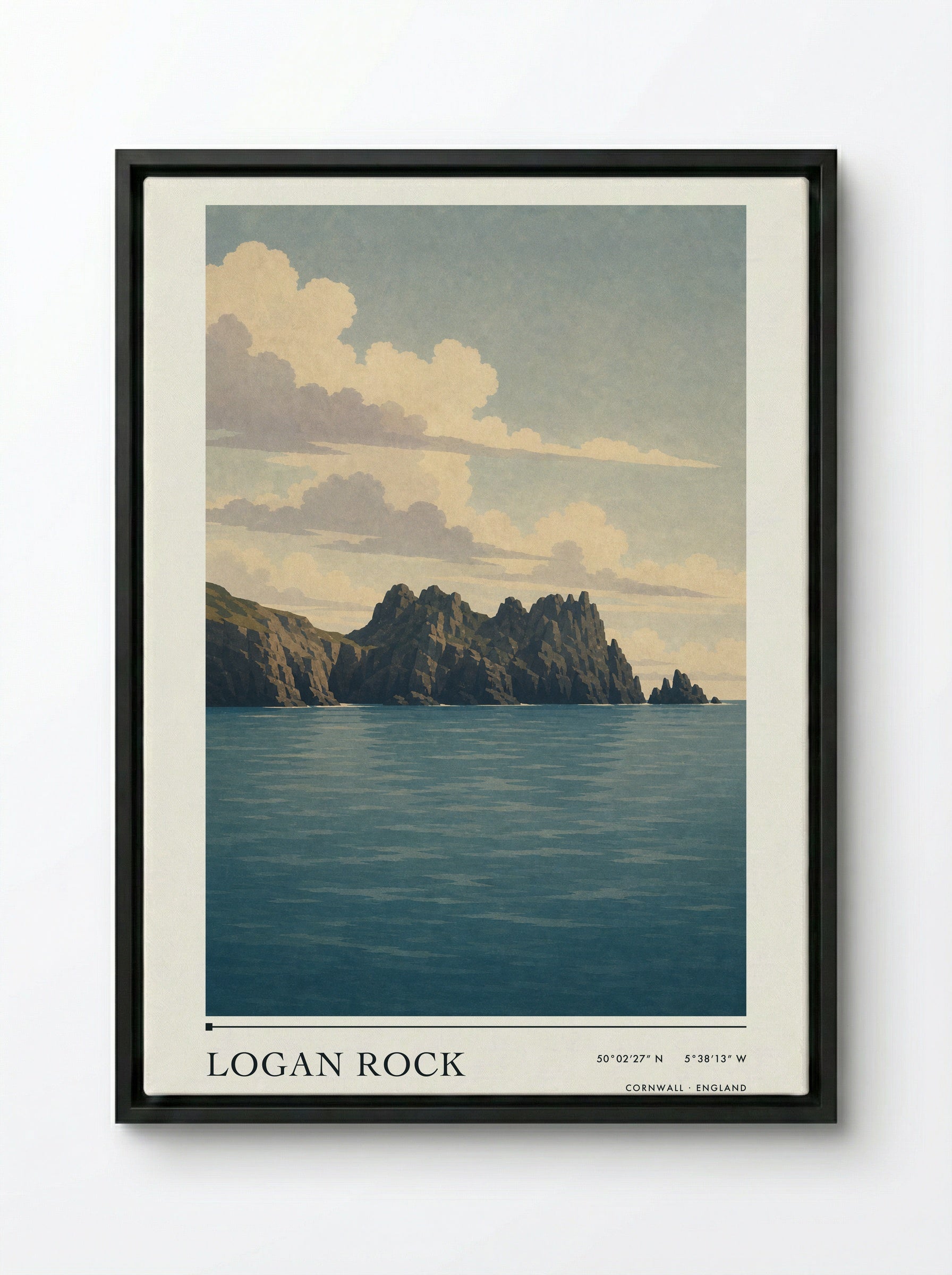 Logan Rock Cornwall England Travel Poster - Framed Canvas Black