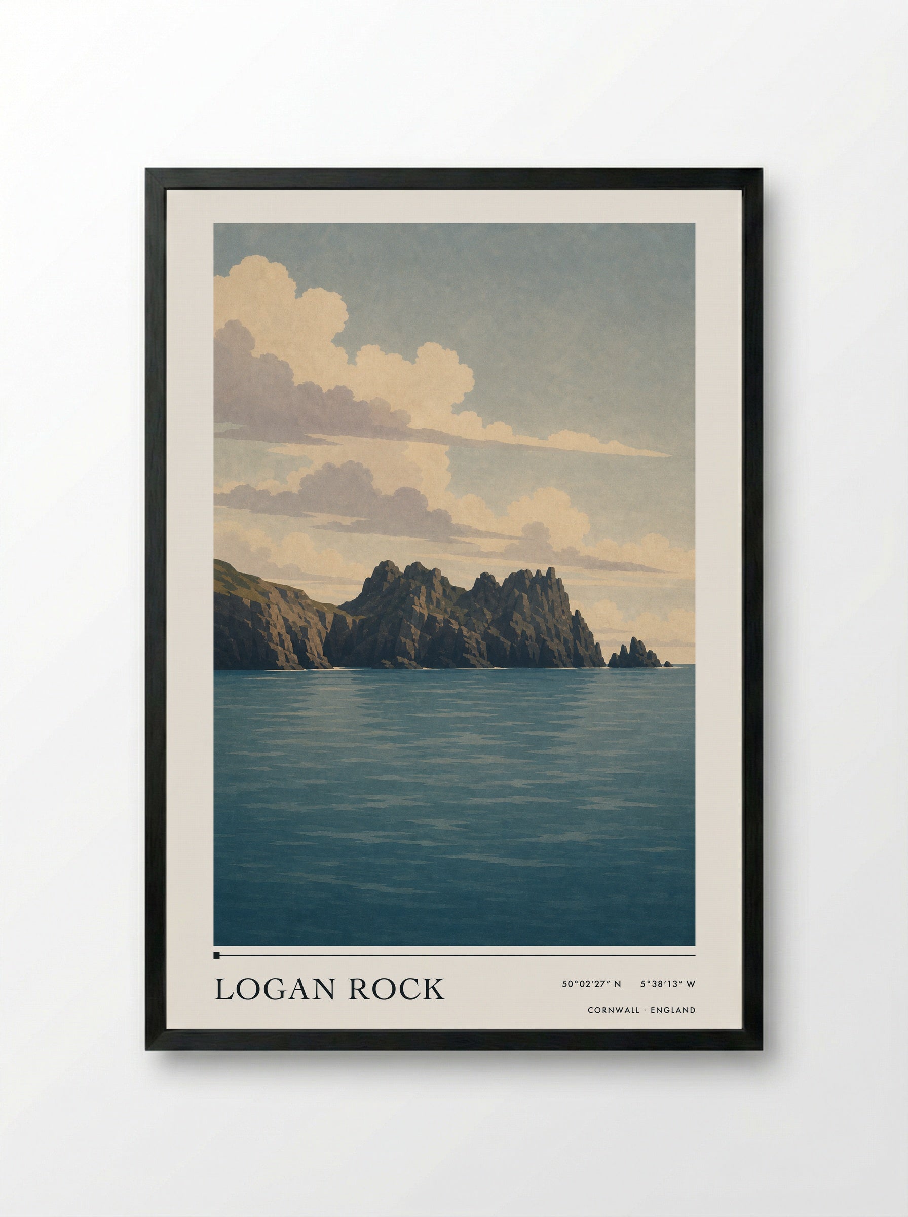 Logan Rock Cornwall England Travel Poster - Framed Print Black