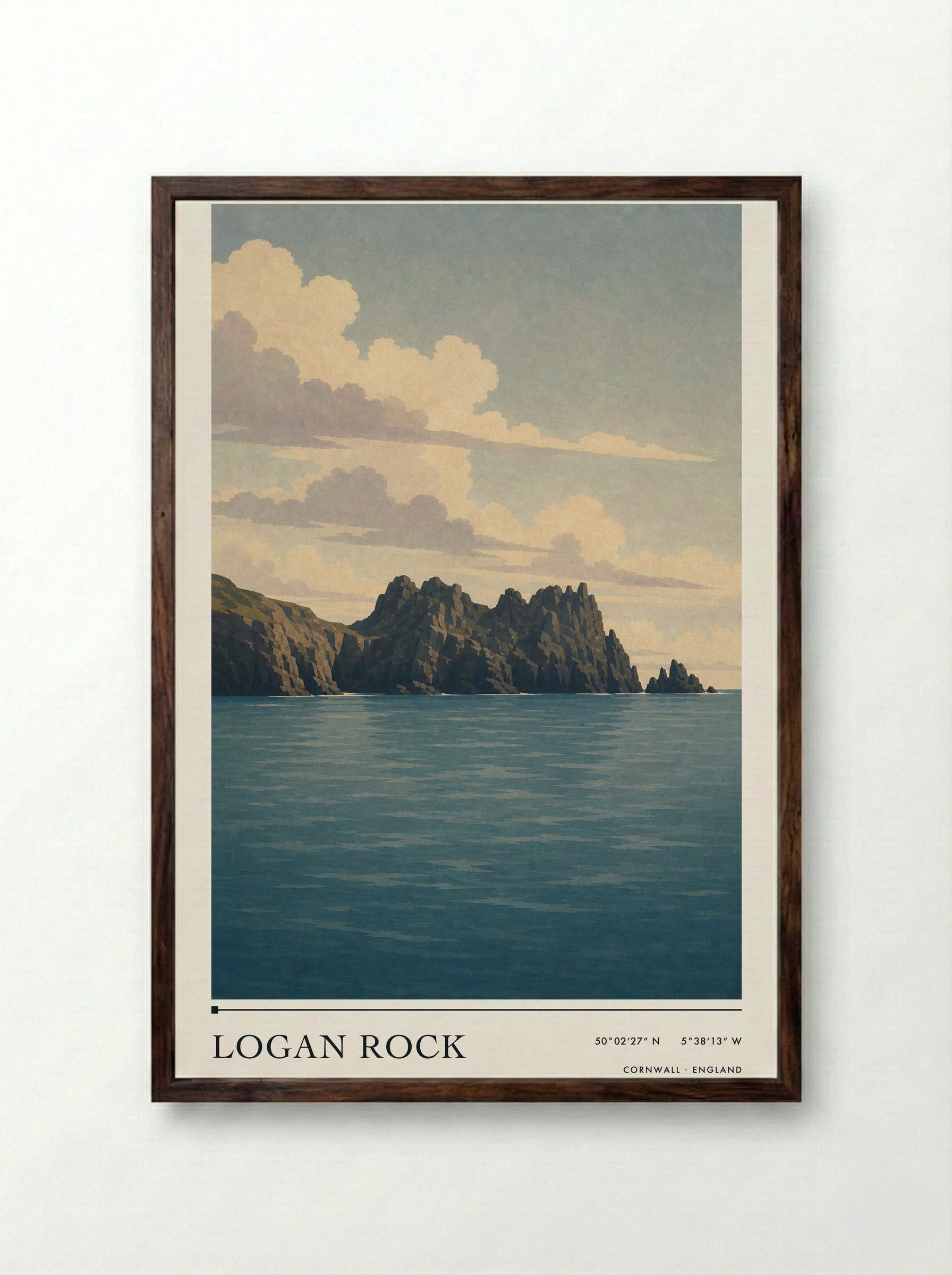 Logan Rock Cornwall England Travel Poster - Framed Print Dark Wood