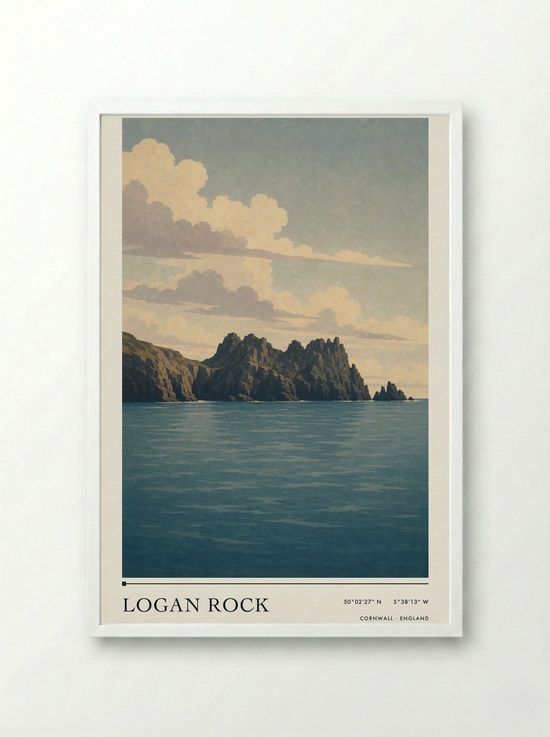 Logan Rock Cornwall England Travel Poster - Framed Print White