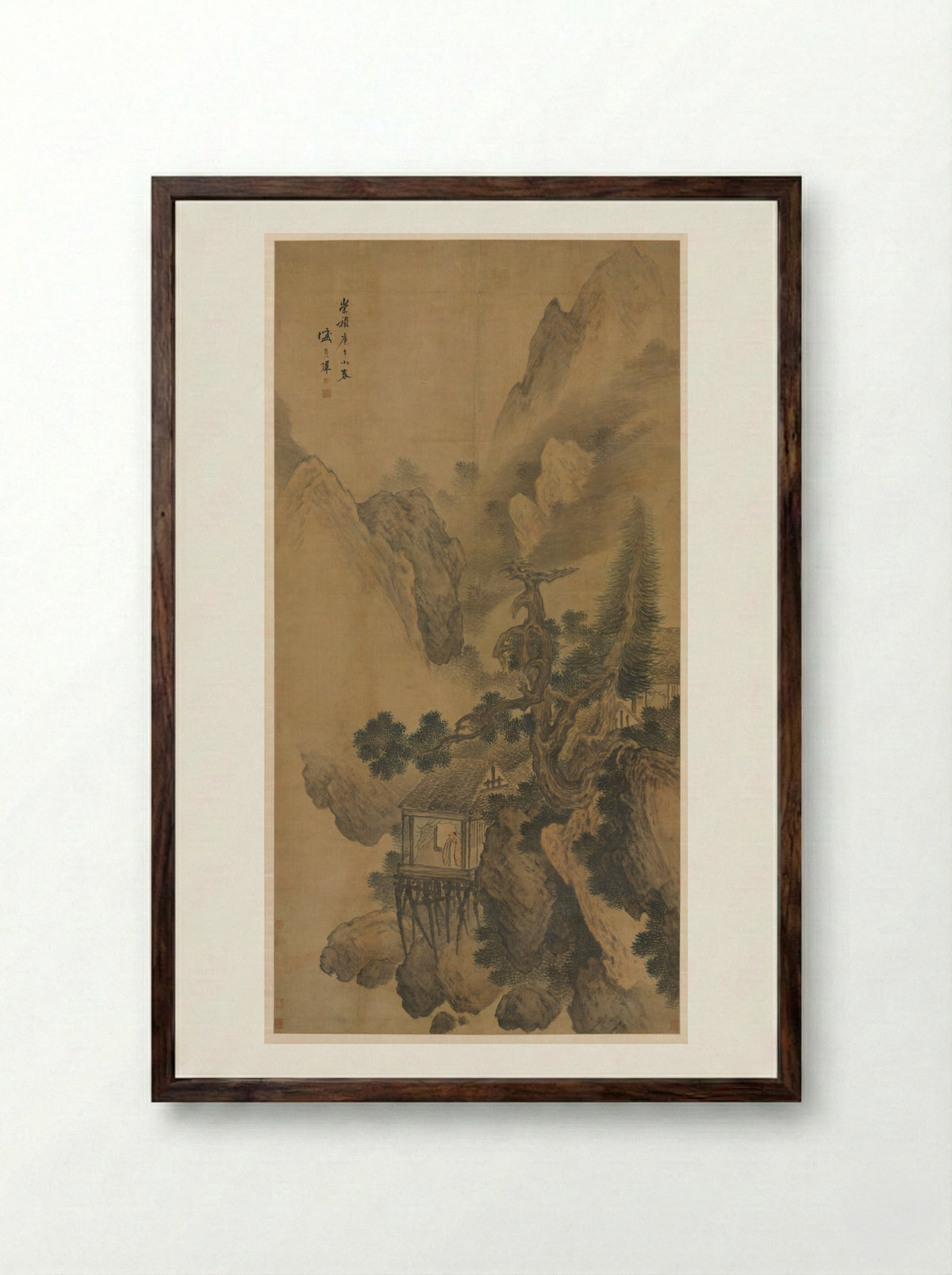 Lonely Retreat Overlooking a Misty Valley - Sheng Maoye - Framed Print Dark Wood