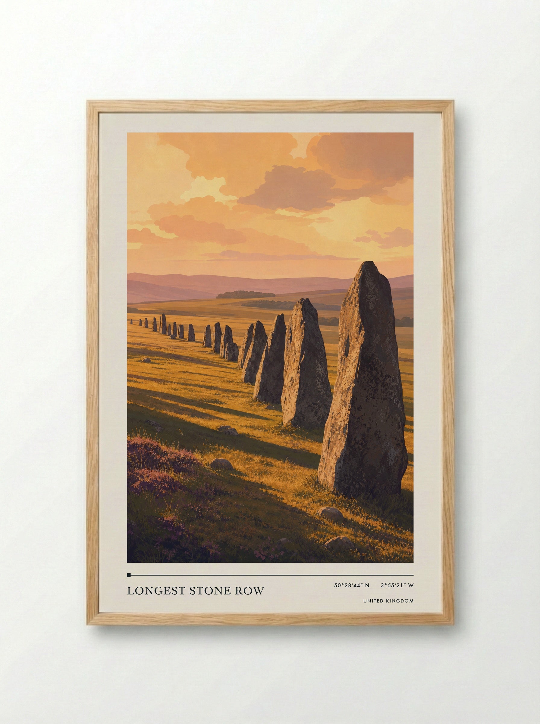 Longest stone row United Kingdom Travel Poster - Framed Print Wood