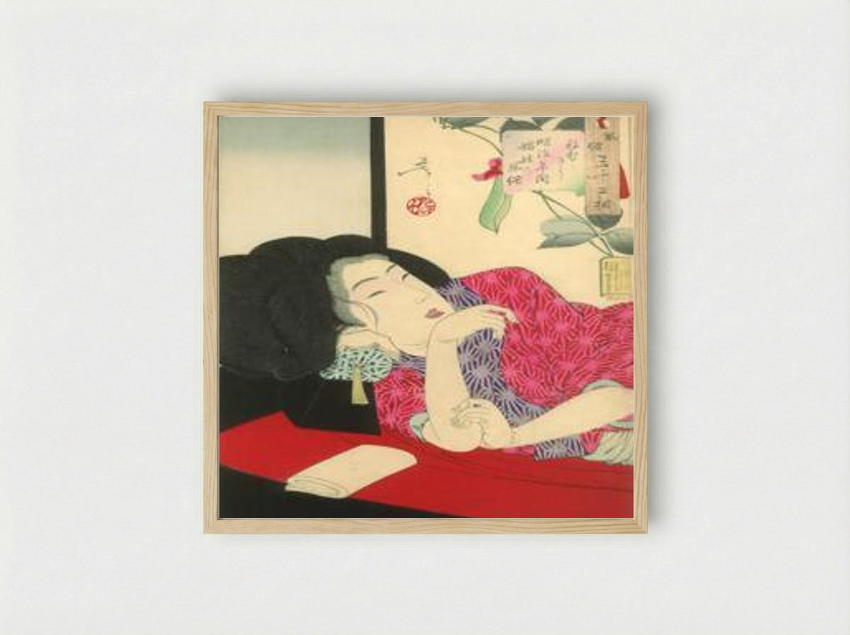 Looking Sleepy (The Appearance of a Courtesan of the Meiji Era) - Toyohara Chikanobu - Framed Print Wood