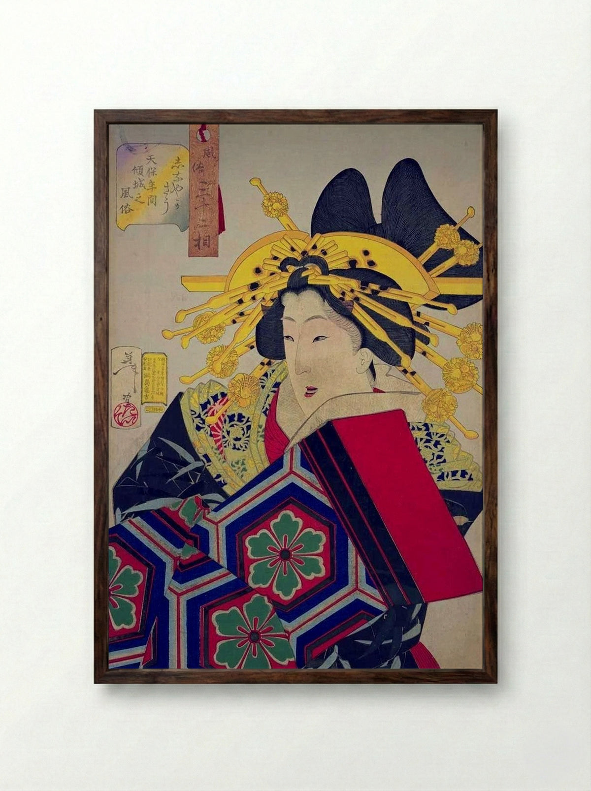Looking feminine (The appearance of a ‘castle-toppler’ of the Tempo era) - Utagawa Kuniyoshi - Framed Print Dark Wood