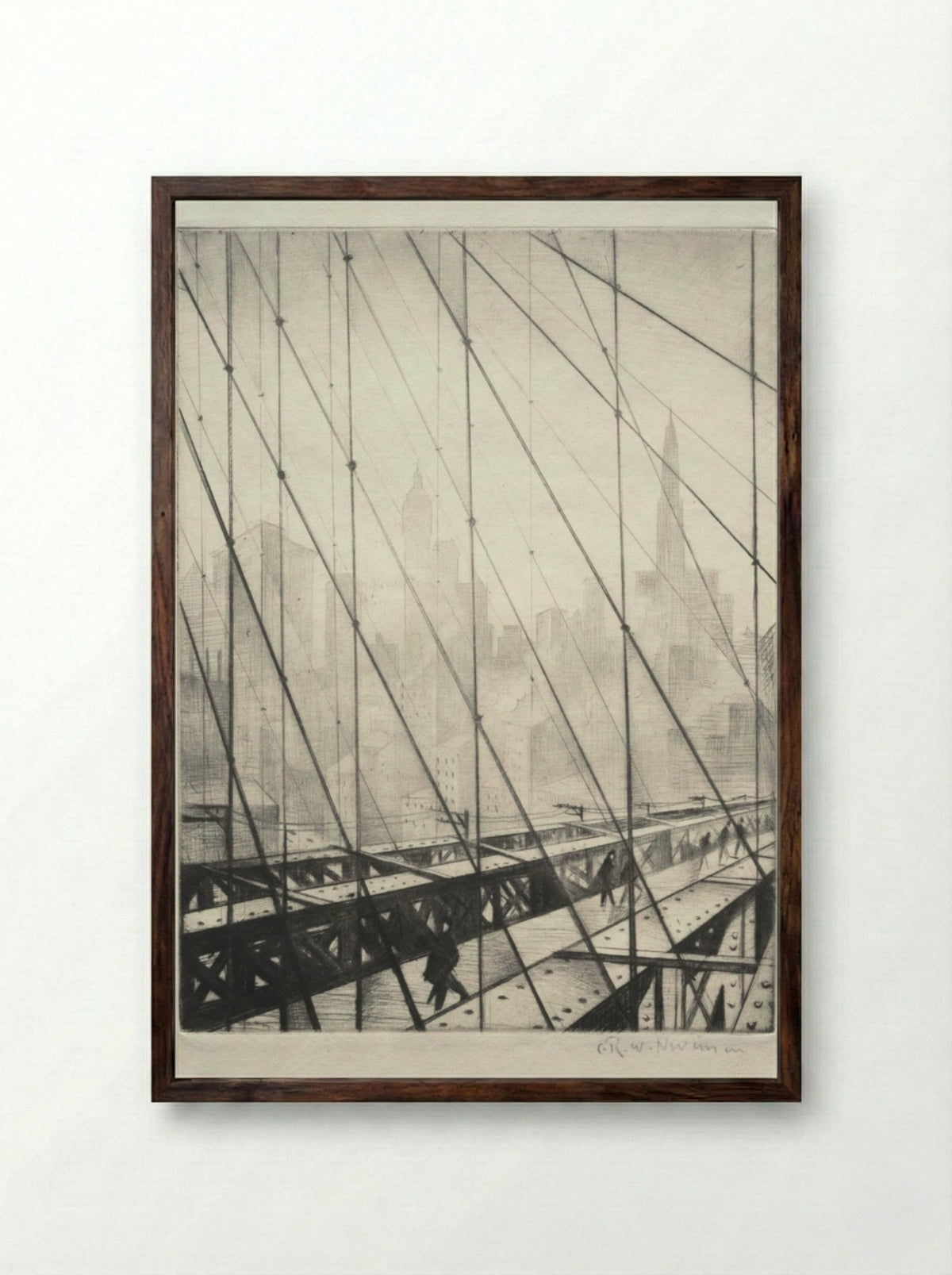 Looking through Brooklyn Bridge - Christopher Nevinson - Framed Print Dark Wood