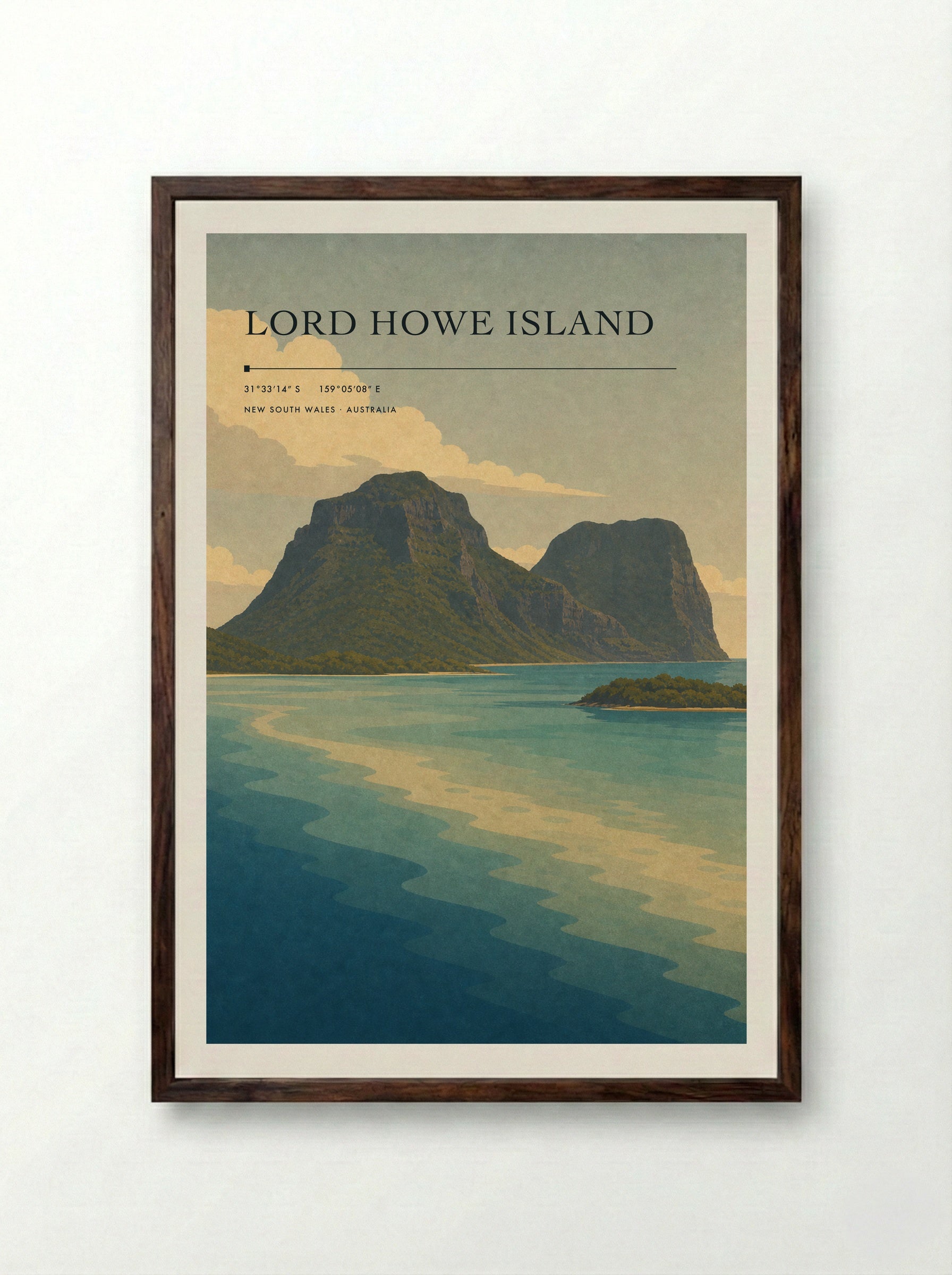 Lord Howe Island Travel Poster Artwork - Framed Print Dark Wood