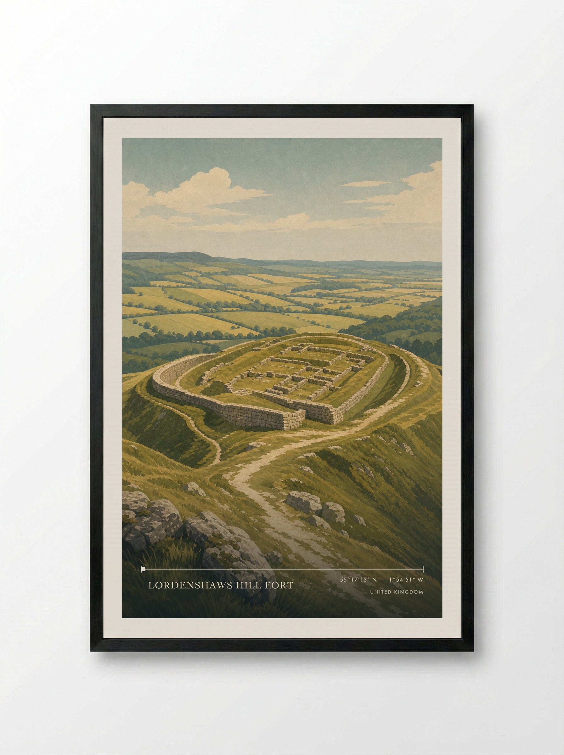 Lordenshaws hill fort United Kingdom Travel Poster - Framed Print Black