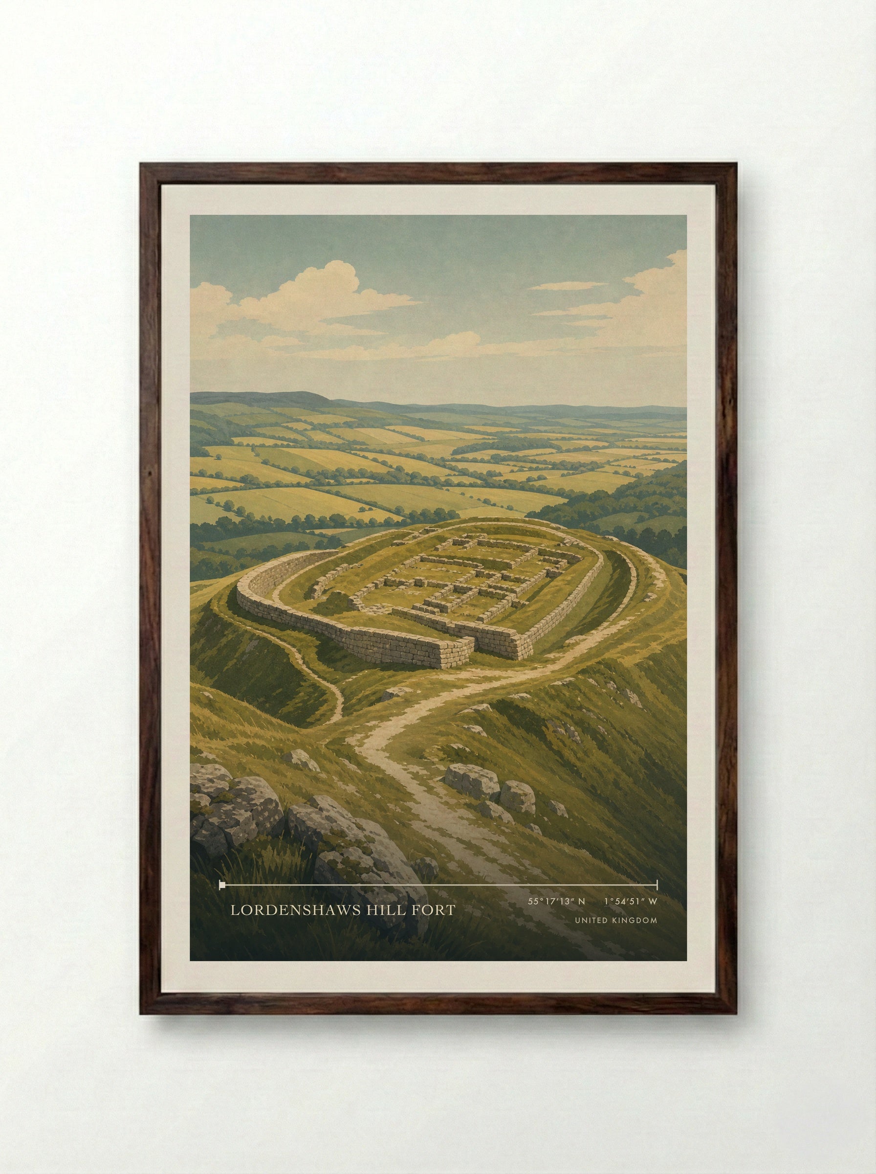 Lordenshaws hill fort United Kingdom Travel Poster - Framed Print Dark Wood