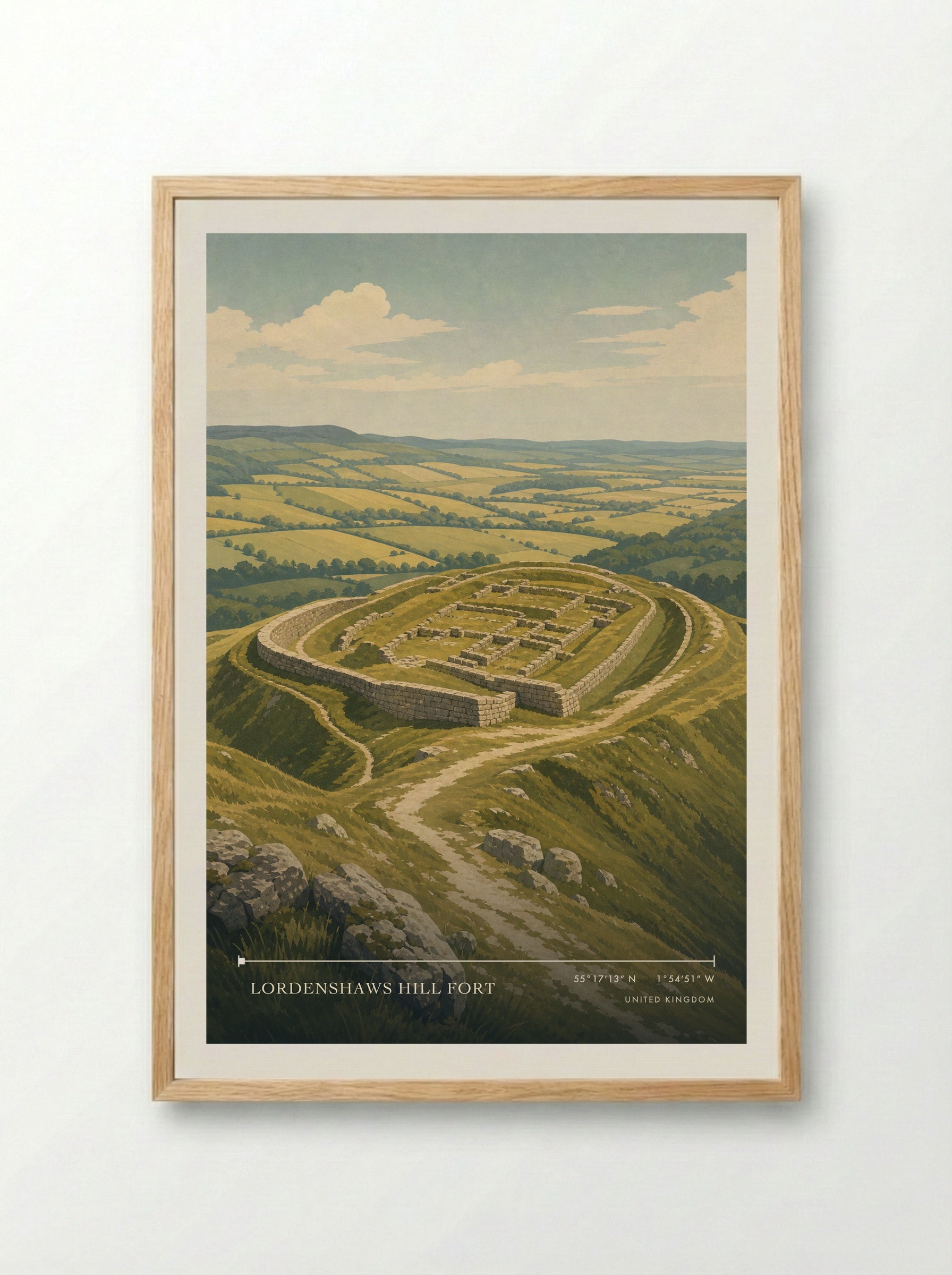 Lordenshaws hill fort United Kingdom Travel Poster - Framed Print Wood
