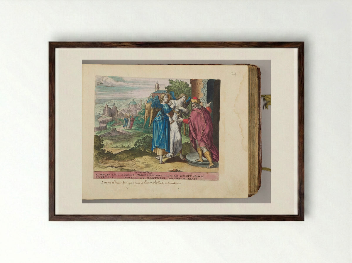 Lot and the Two Angels - Hans Collaert the Elder - Framed Print Dark Wood