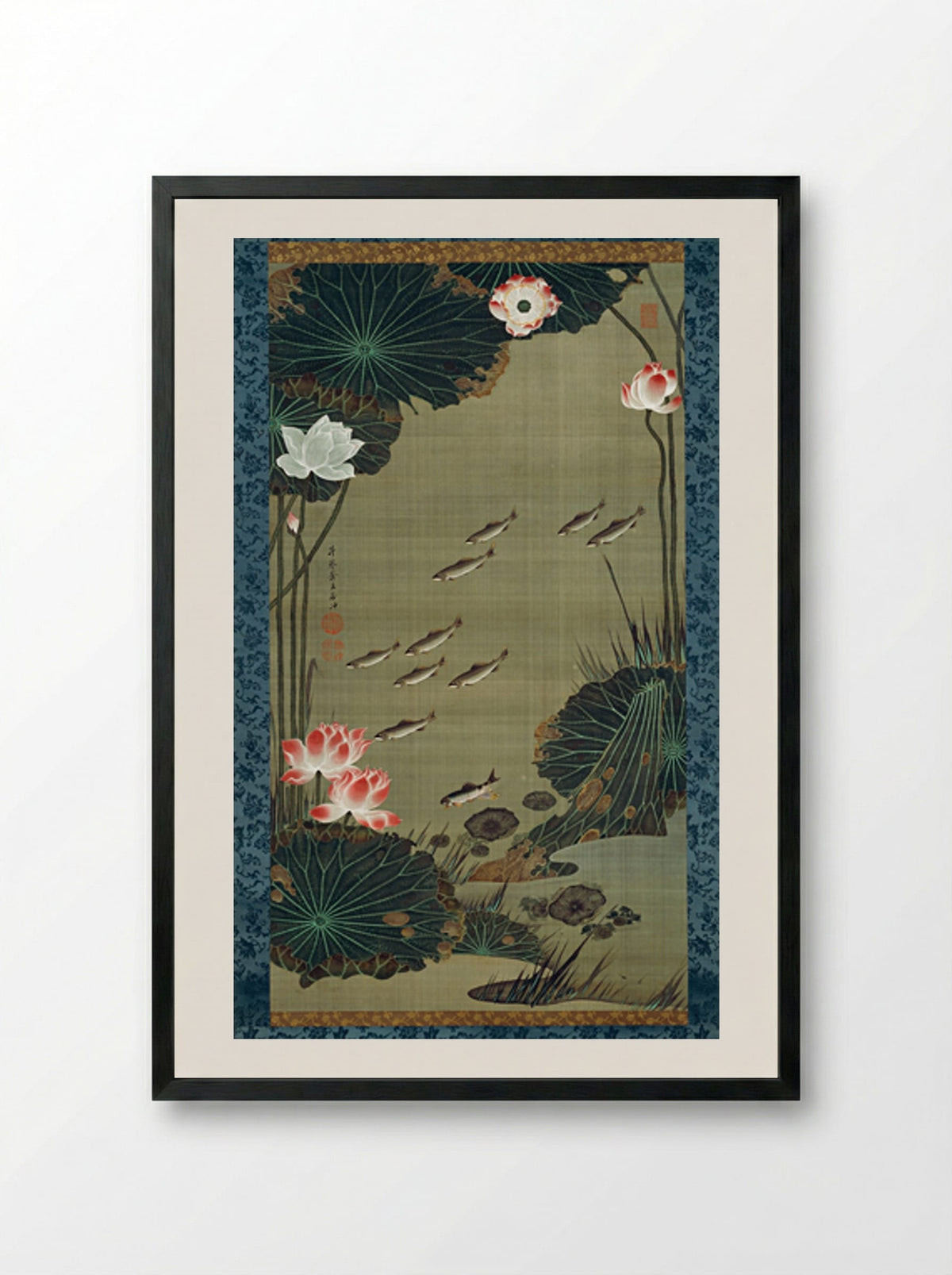Lotus Pond and Fish - Ito Jakuchu - Framed Print Black
