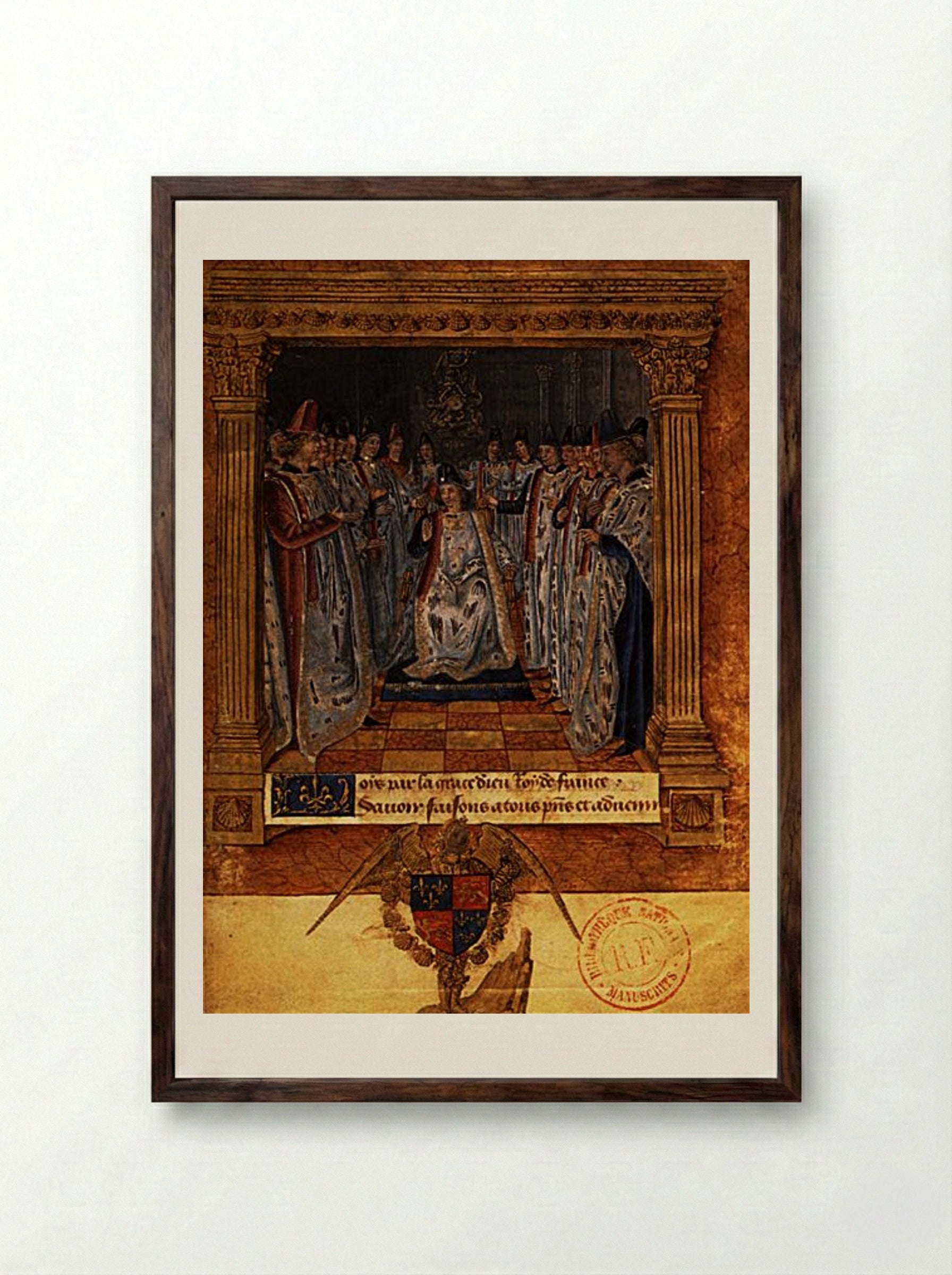 Louis XI chairing a chapter of the Order of Saint Michael - Jean Fouquet - Framed Print Dark Wood