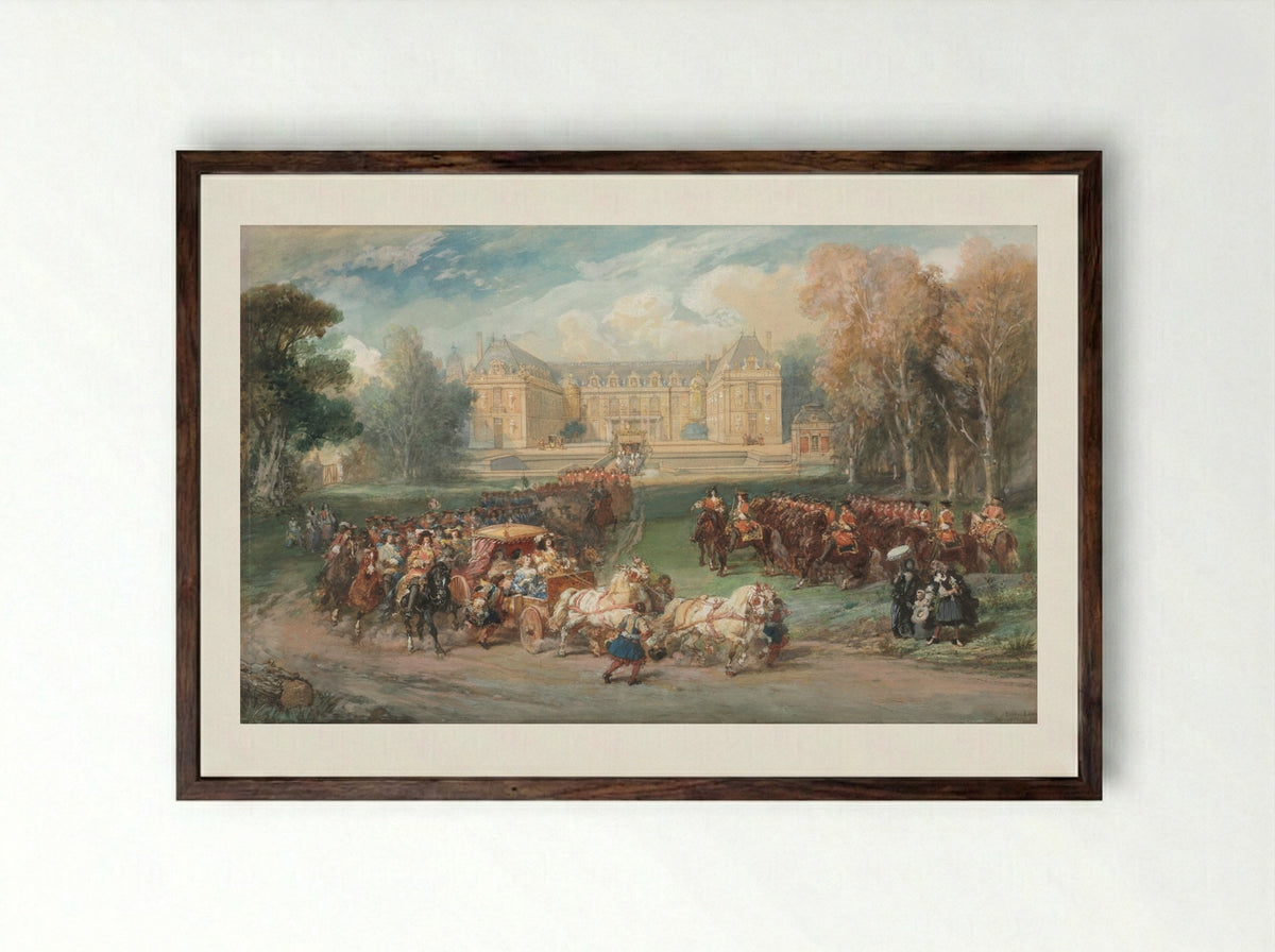Louis XIV Driving his Coach in the Park of Versailles - Eugène Louis Lami - Framed Print Dark Wood