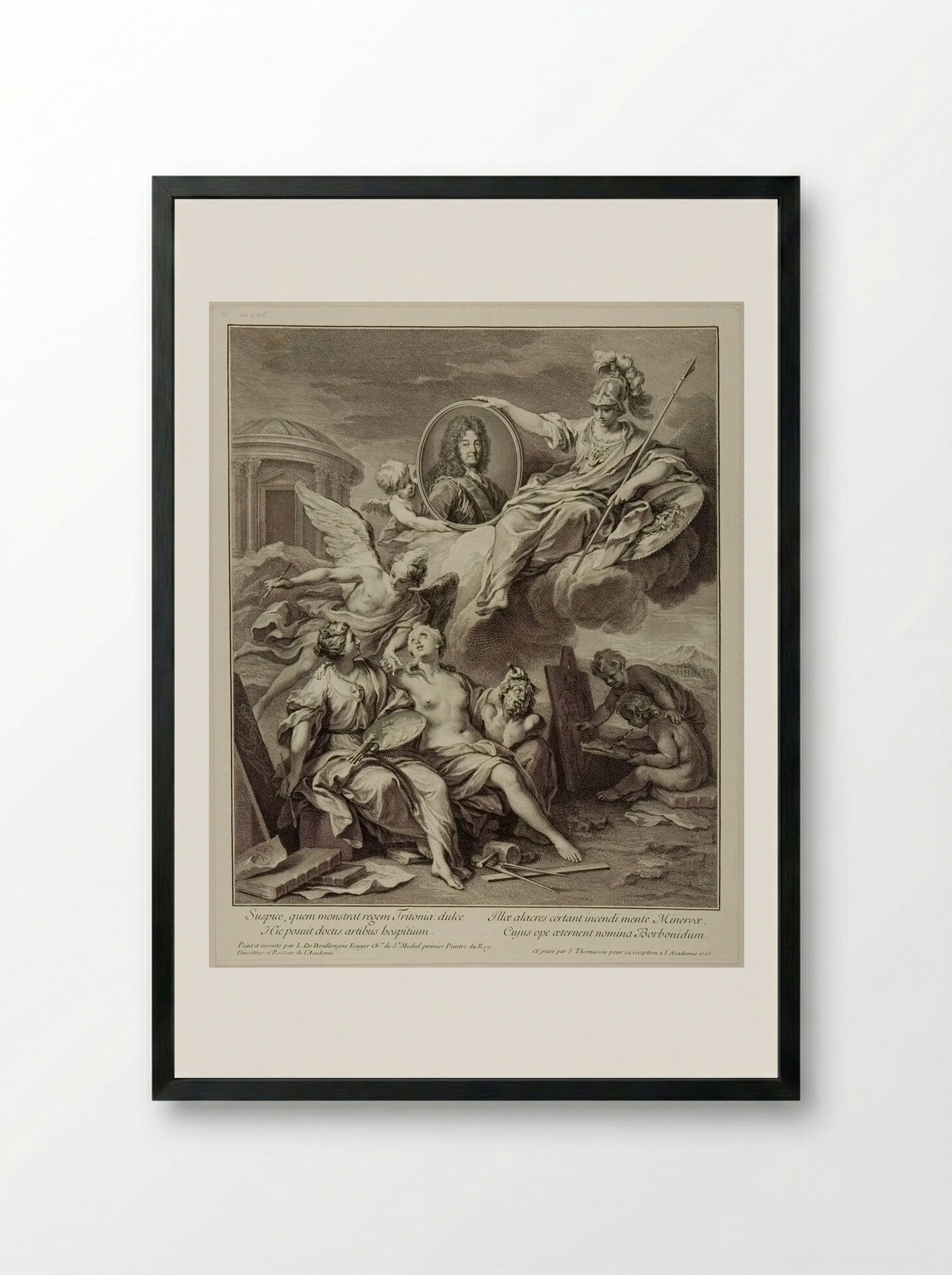 Louis XIV presented by Minerva to the Arts - Simon Henri Thomassin - Framed Print Black