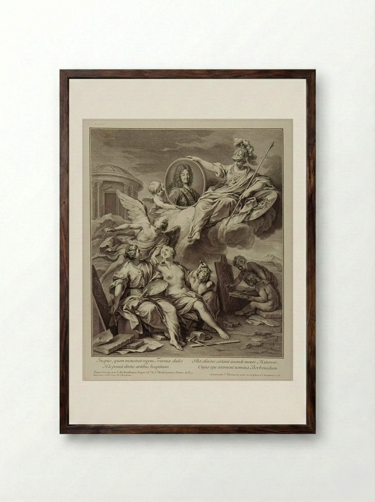 Louis XIV presented by Minerva to the Arts - Simon Henri Thomassin - Framed Print Dark Wood
