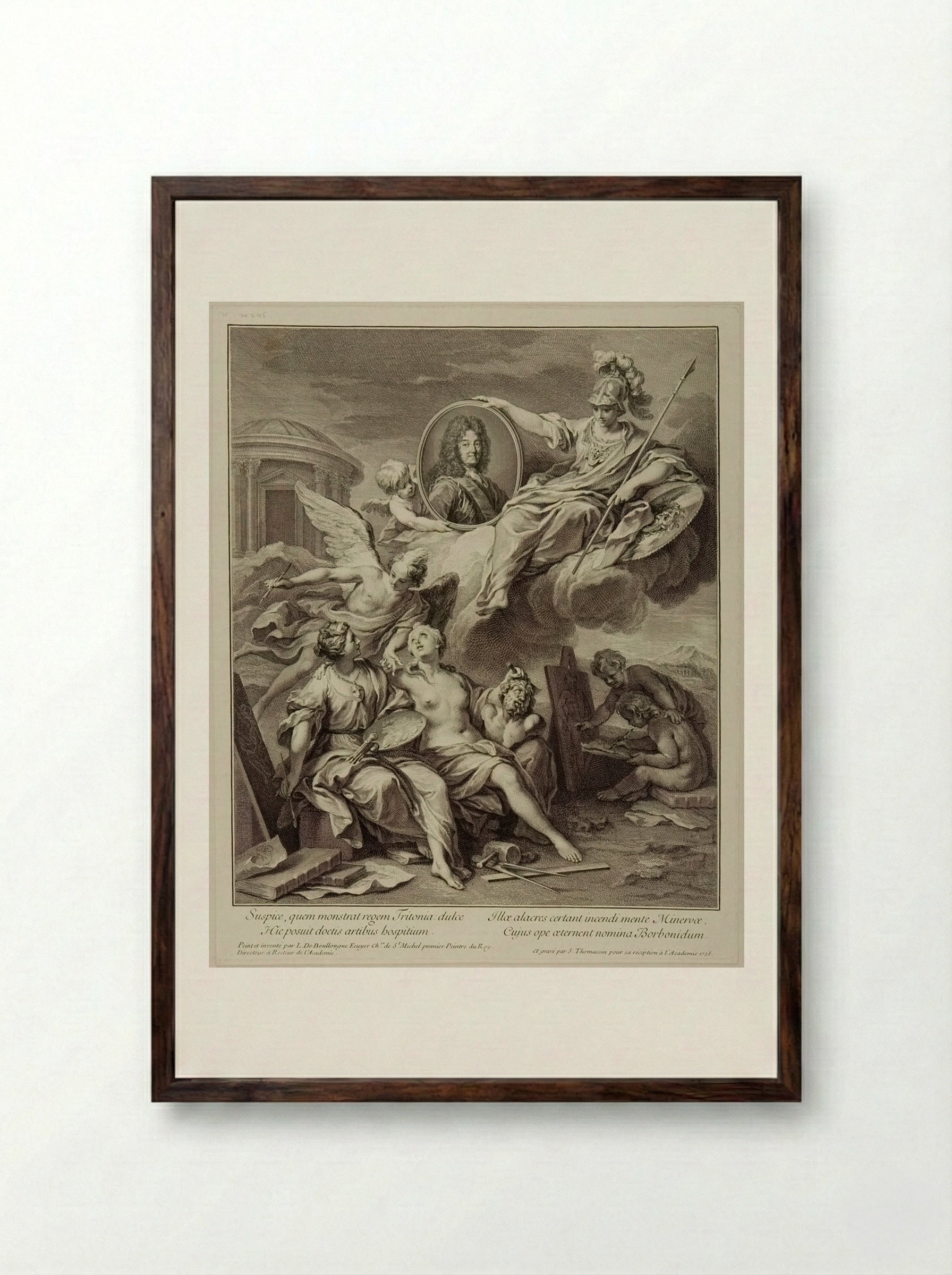Louis XIV presented by Minerva to the Arts - Simon Henri Thomassin - Framed Print Dark Wood