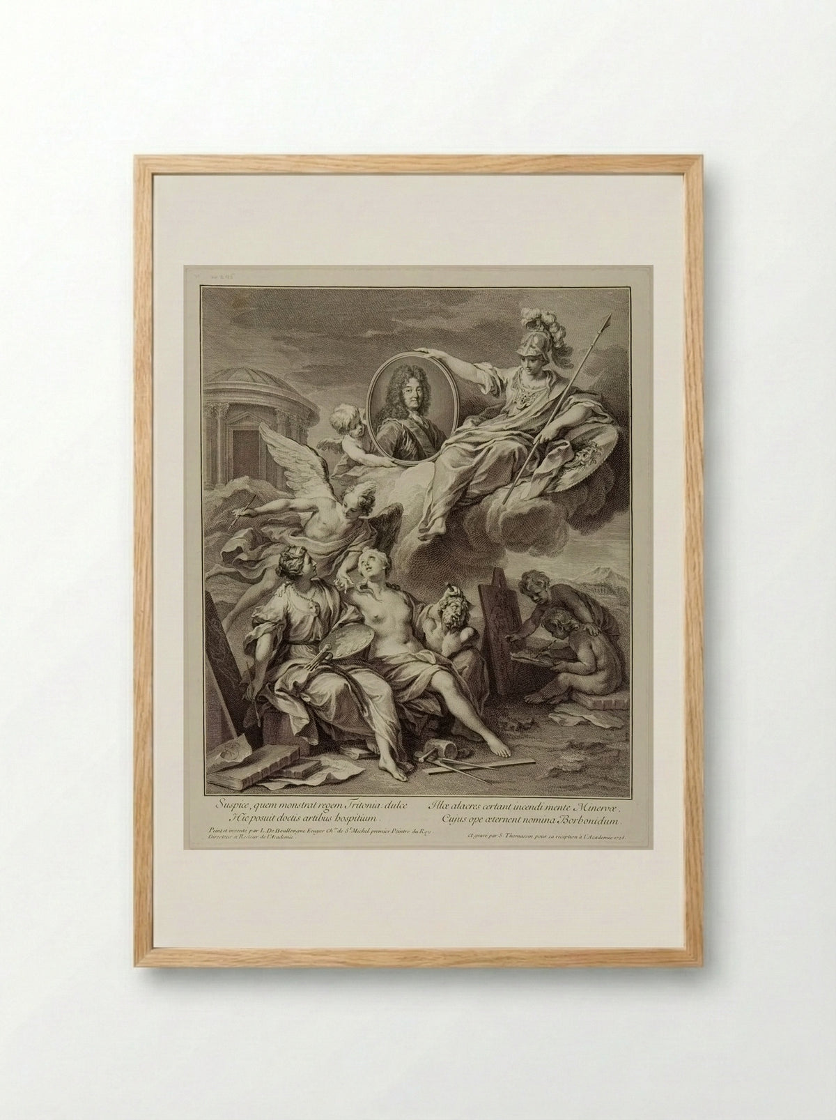 Louis XIV presented by Minerva to the Arts - Simon Henri Thomassin - Framed Print Wood