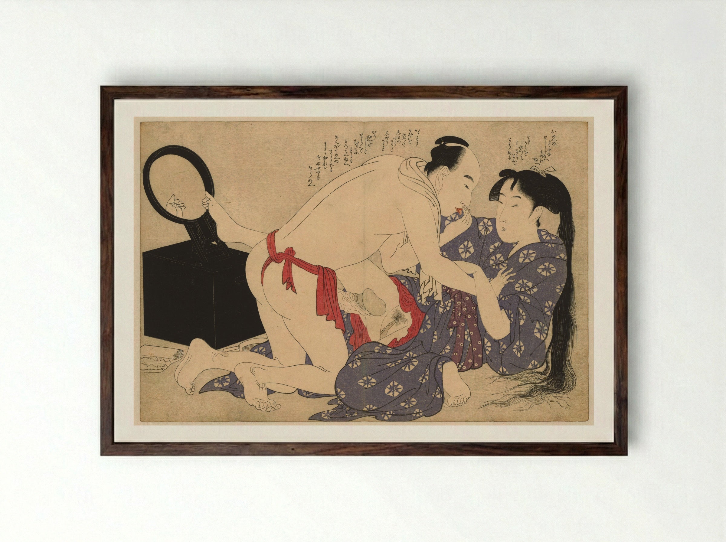 Lovers Before a Mirror - Kitagawa Utamaro - Framed Print Dark Wood