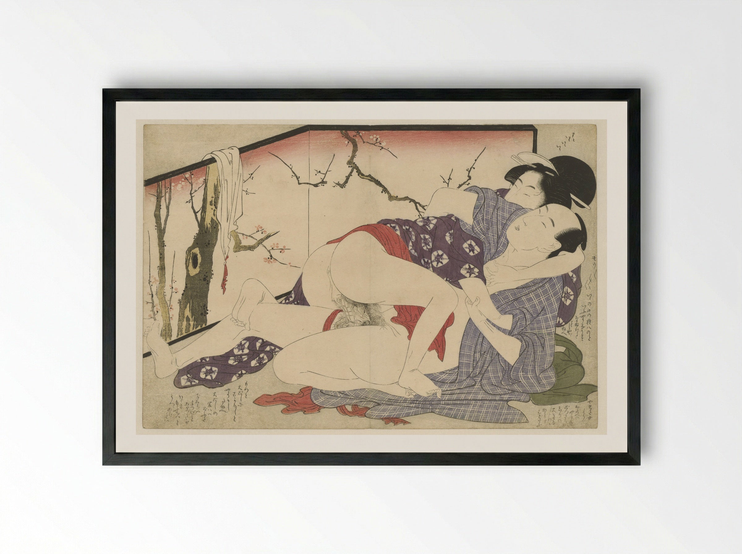 Lovers Beside a Folding Screen - Kitagawa Utamaro - Framed Print Black