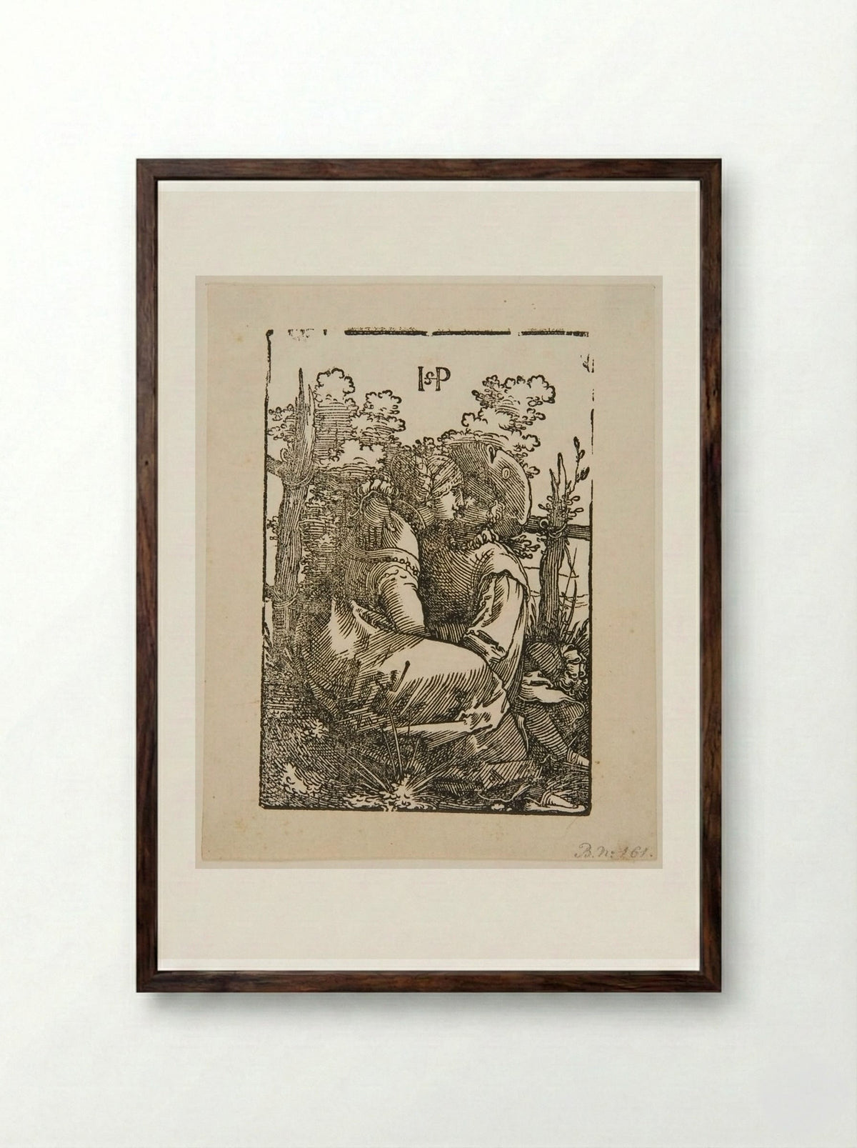 Lovers Seated Before a Fence - Sebald Beham - Framed Print Dark Wood
