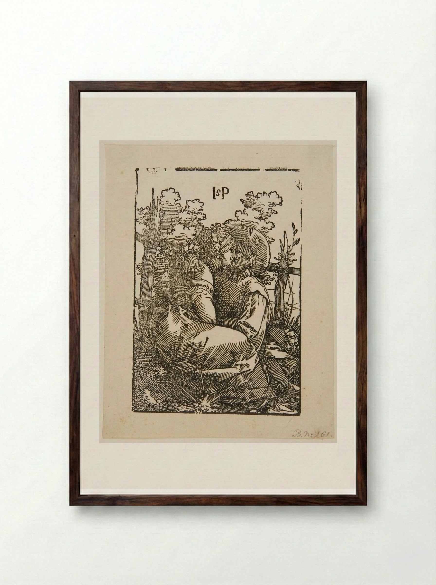 Lovers Seated Before a Fence - Sebald Beham - Framed Print Dark Wood