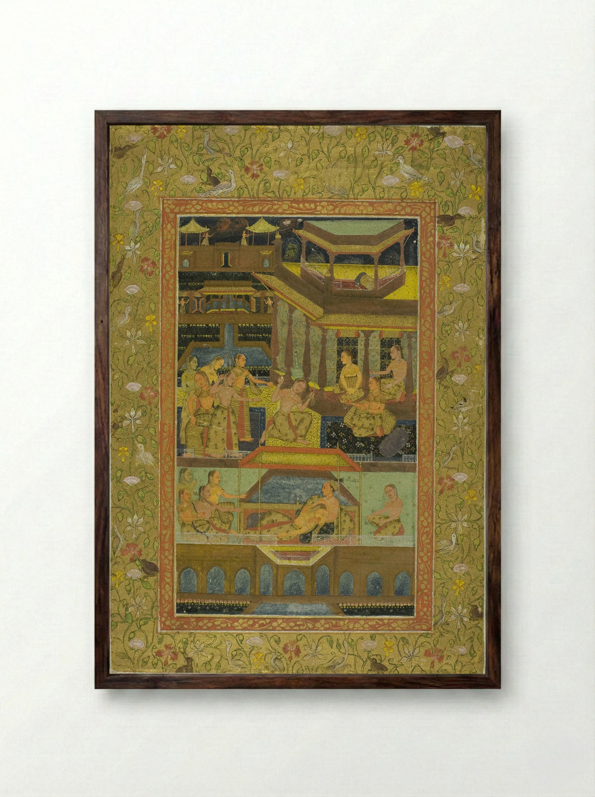 Lovers in a Zenana Garden at Night - Mughal School - Framed Print Dark Wood