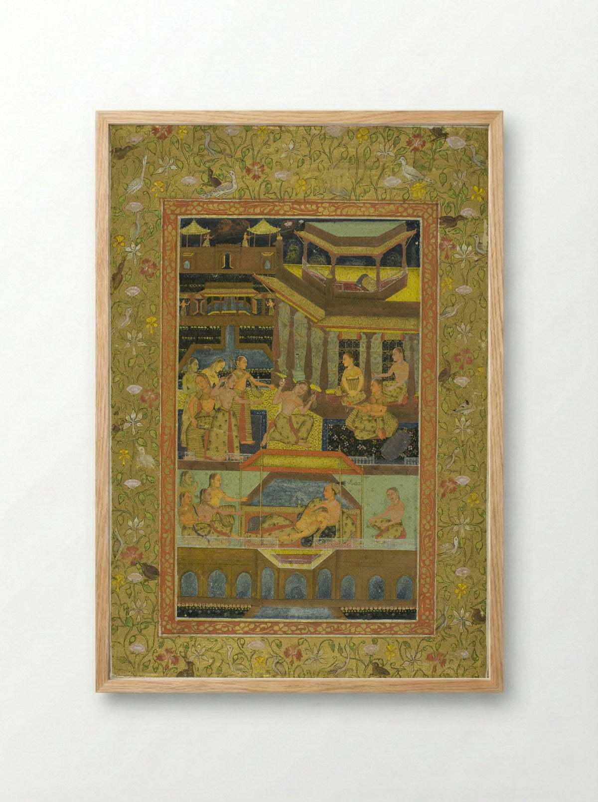 Lovers in a Zenana Garden at Night - Mughal School - Framed Print Wood