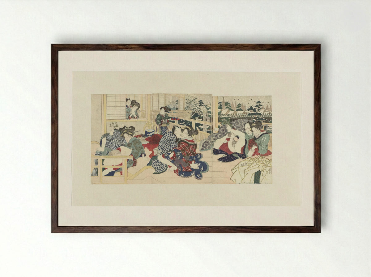 Lovers on a Terrace in Winter - Utagawa Kunisada (I) - Framed Print Dark Wood