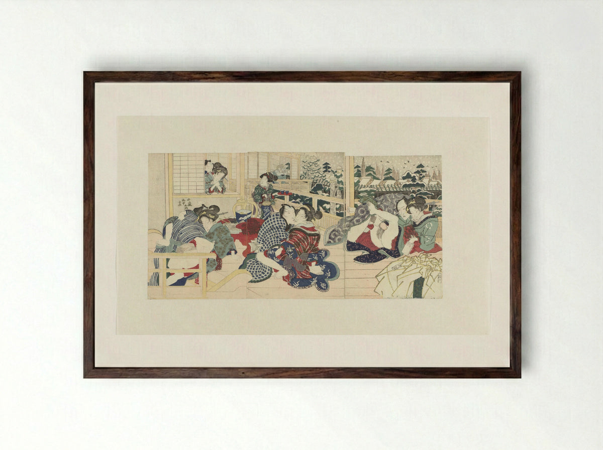 Lovers on a Terrace in Winter - Utagawa Kunisada (I) - Framed Print Dark Wood