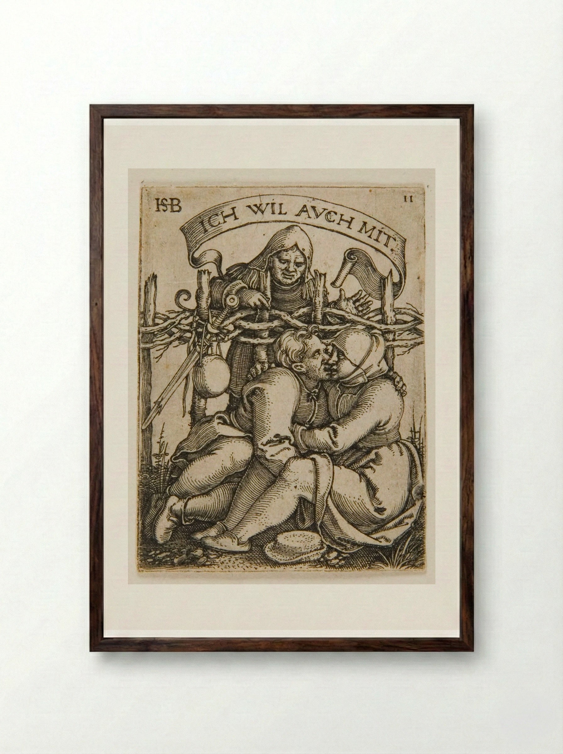 Lovers with a Spectator - Sebald Beham - Framed Print Dark Wood
