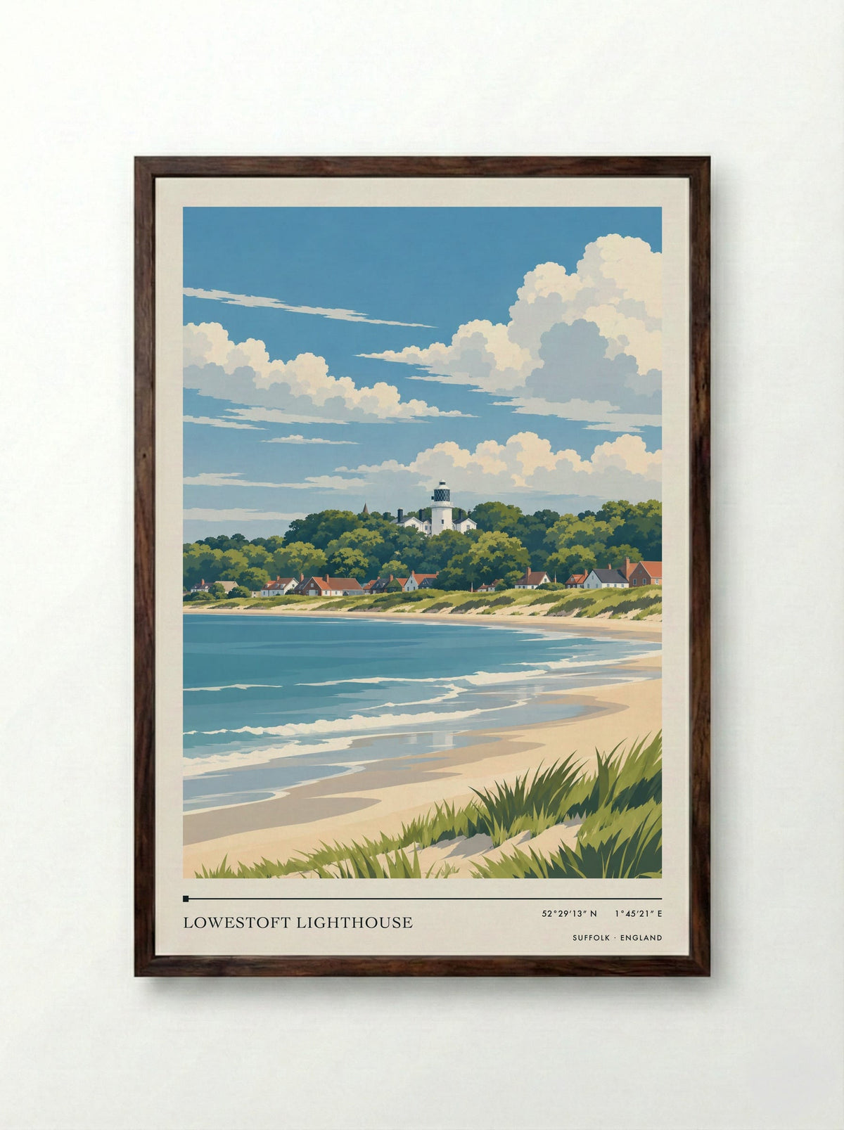 Lowestoft Lighthouse, Suffolk | Travel Poster - Framed Print Dark Wood