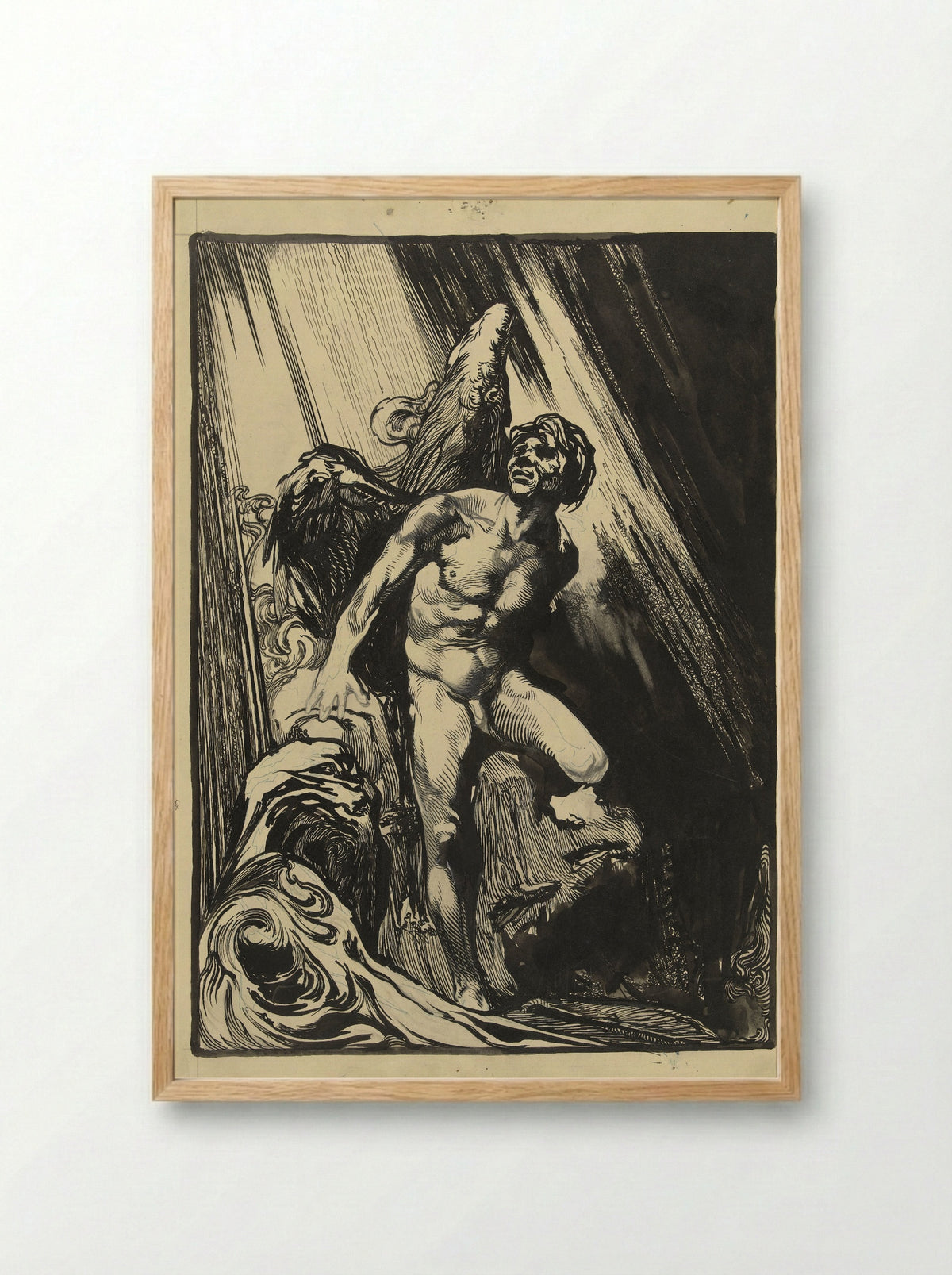 Lucifer in a Rocky Landscape by a Stream, Looking Up at the Light - Johannes Josephus Aarts - Framed Print Wood